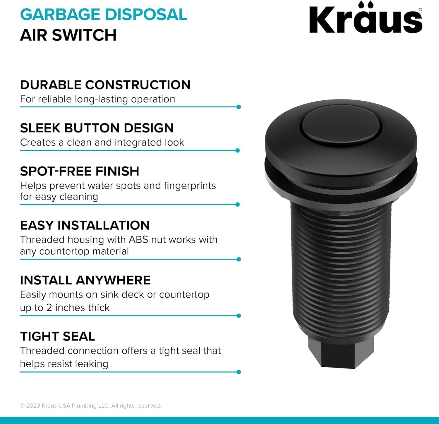 KRAUS Garbage Disposal Air Switch Kit with Push Button, AC Adapter, Power Cord, and Air Tube Included