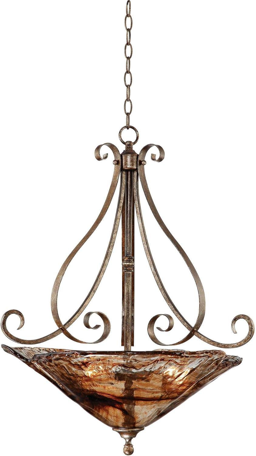 Franklin Iron Works Amber Scroll Golden Bronze Pendant Chandelier 24 3/4" Wide Rustic Art Glass Bowl 3-Light Fixture for Dining Room Kitchen Island