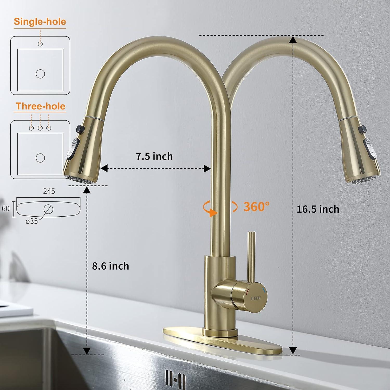 Brushed Gold Stainless Steel Pull Down Kitchen Faucet with Soap Dispenser