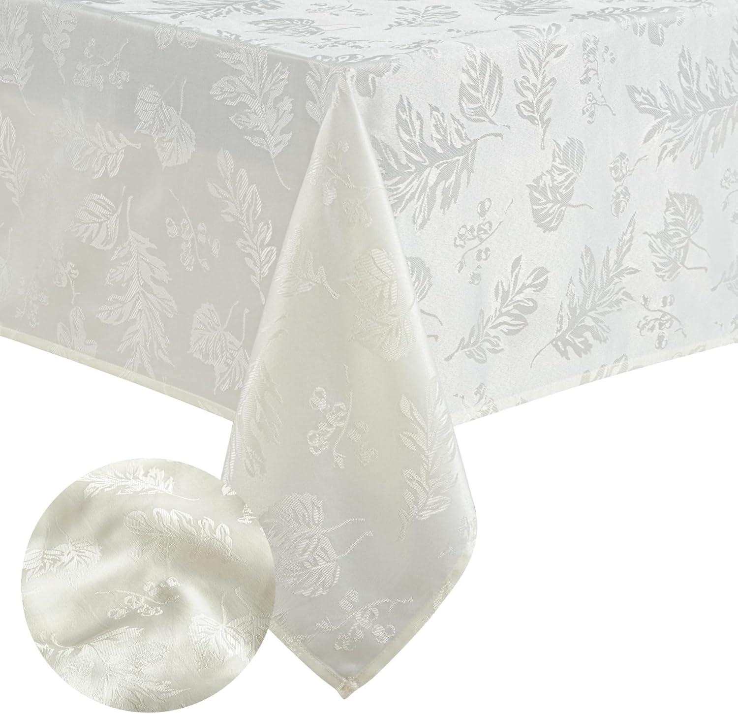 Ivory Jacquard Damask Fall Tablecloth with Woven Leaves Design