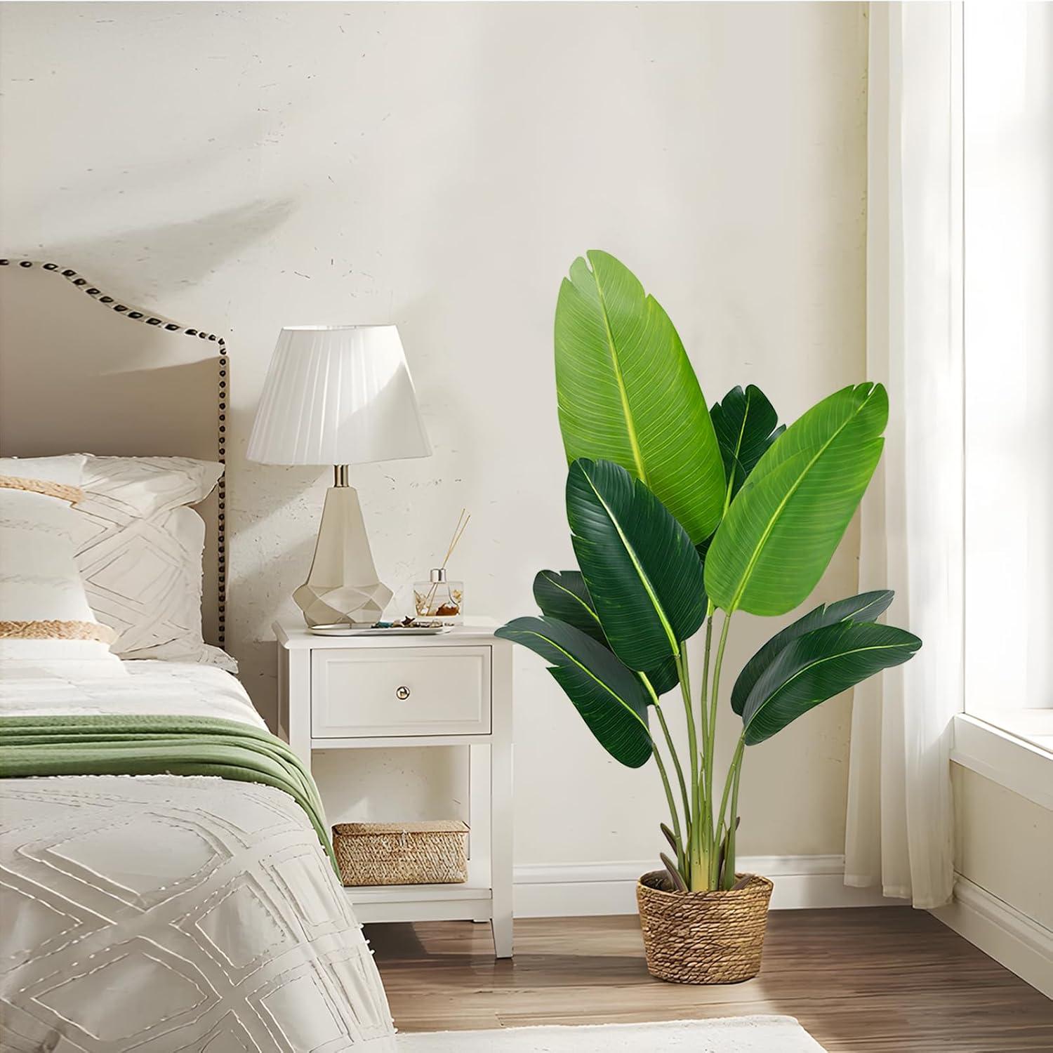 HOMEFAN Artificial Tree Bird of Paradise Artificial Plant 4 Feet Faux Plant with 8 Trunks Artificial Banana Leaf Fake Plants in Pot for Home Decor Indoor Living Room Outdoor Decor Housewarming Gift