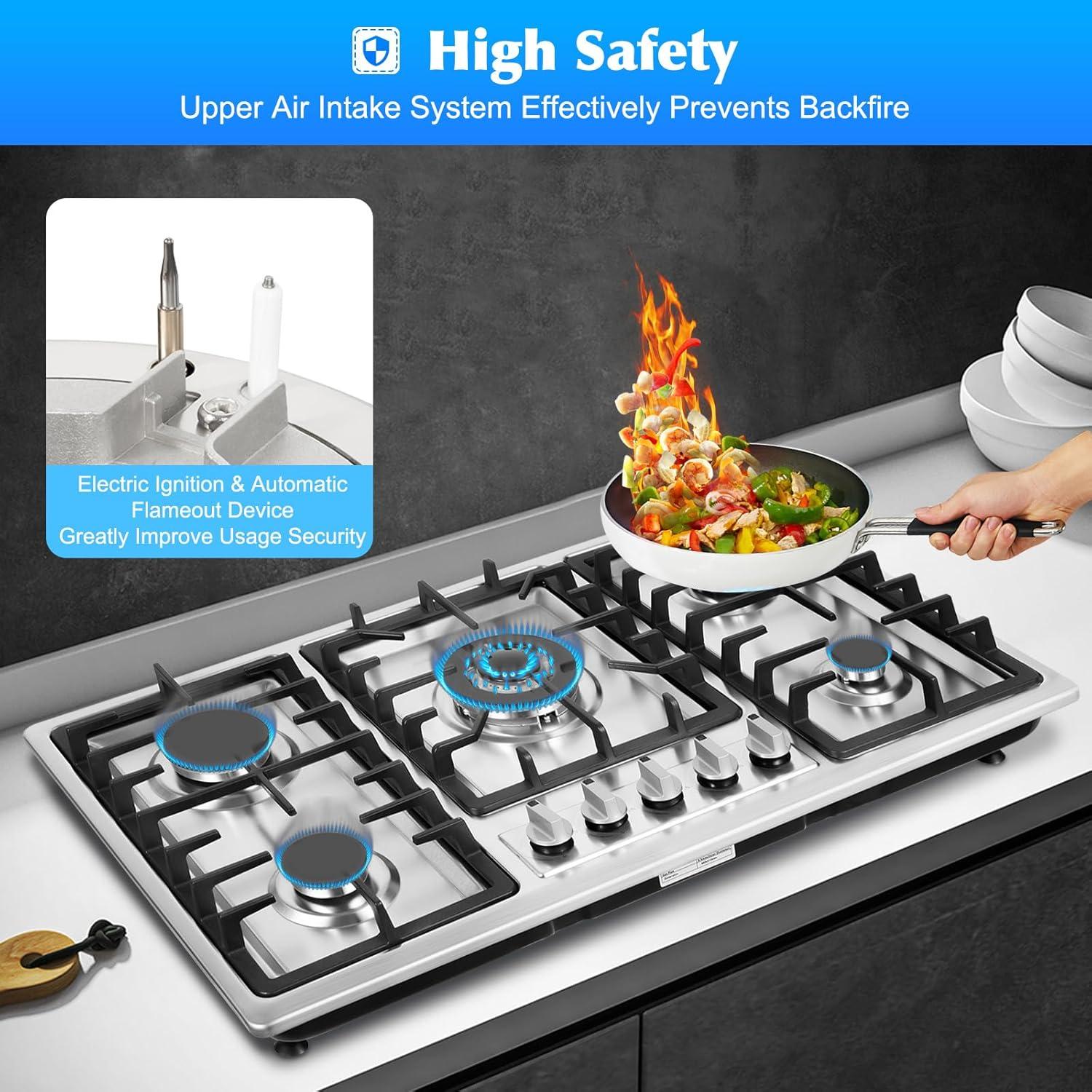 Built-in Stove Hob LPG/NG Gas 5 Burner Cooker Stainless Steel Gas Cooktop 34"