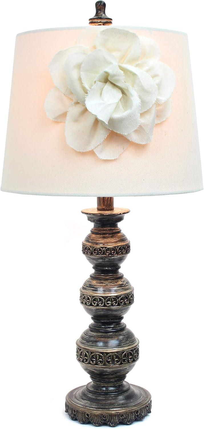 Aged Stacked Ball Table Lamp with Couture Linen Flower Shade White - Elegant Designs: Metal Base, No Assembly Required, UL Listed