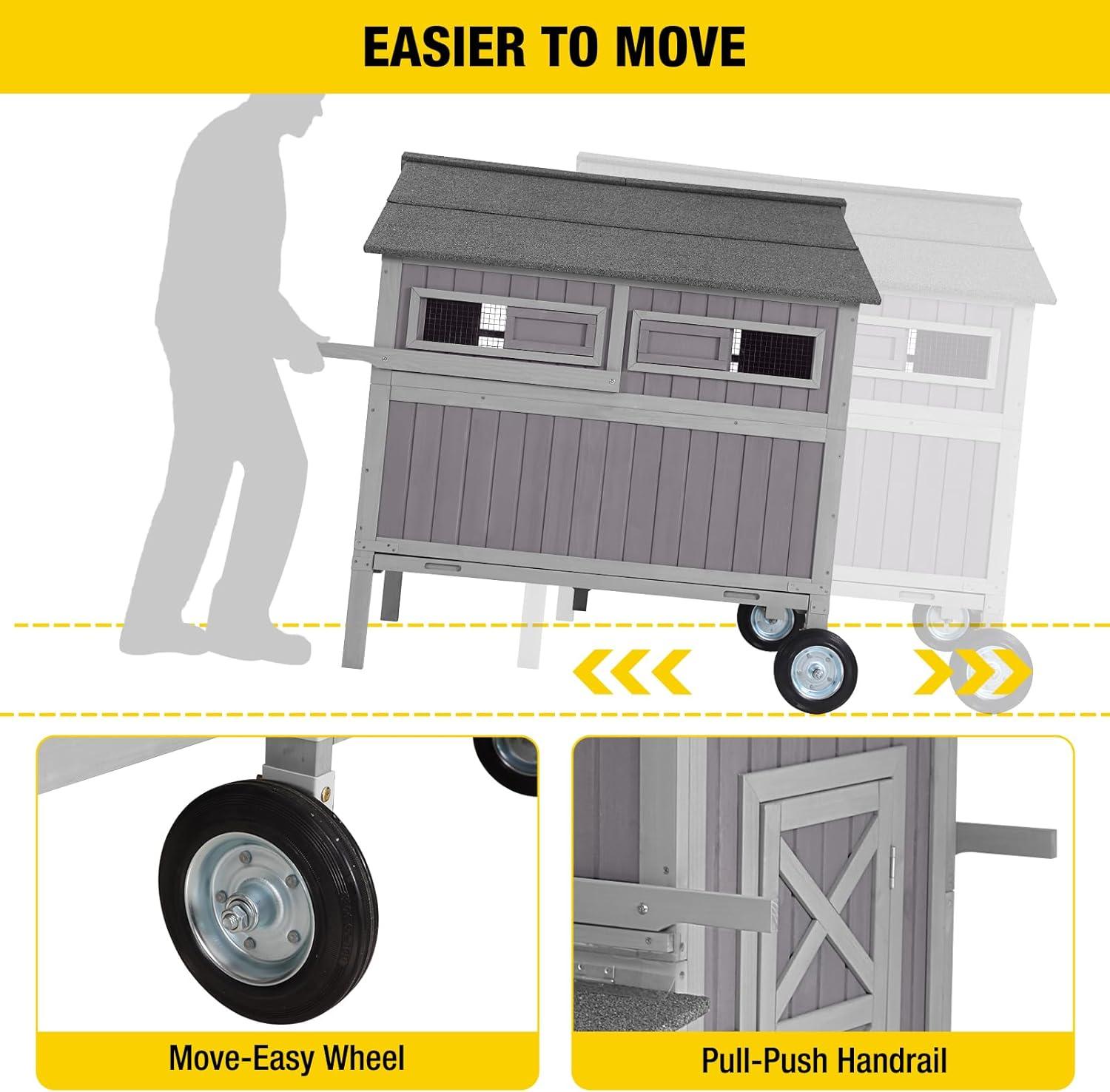 Extra-Large Gray Fir Wood Chicken Coop with Wheels