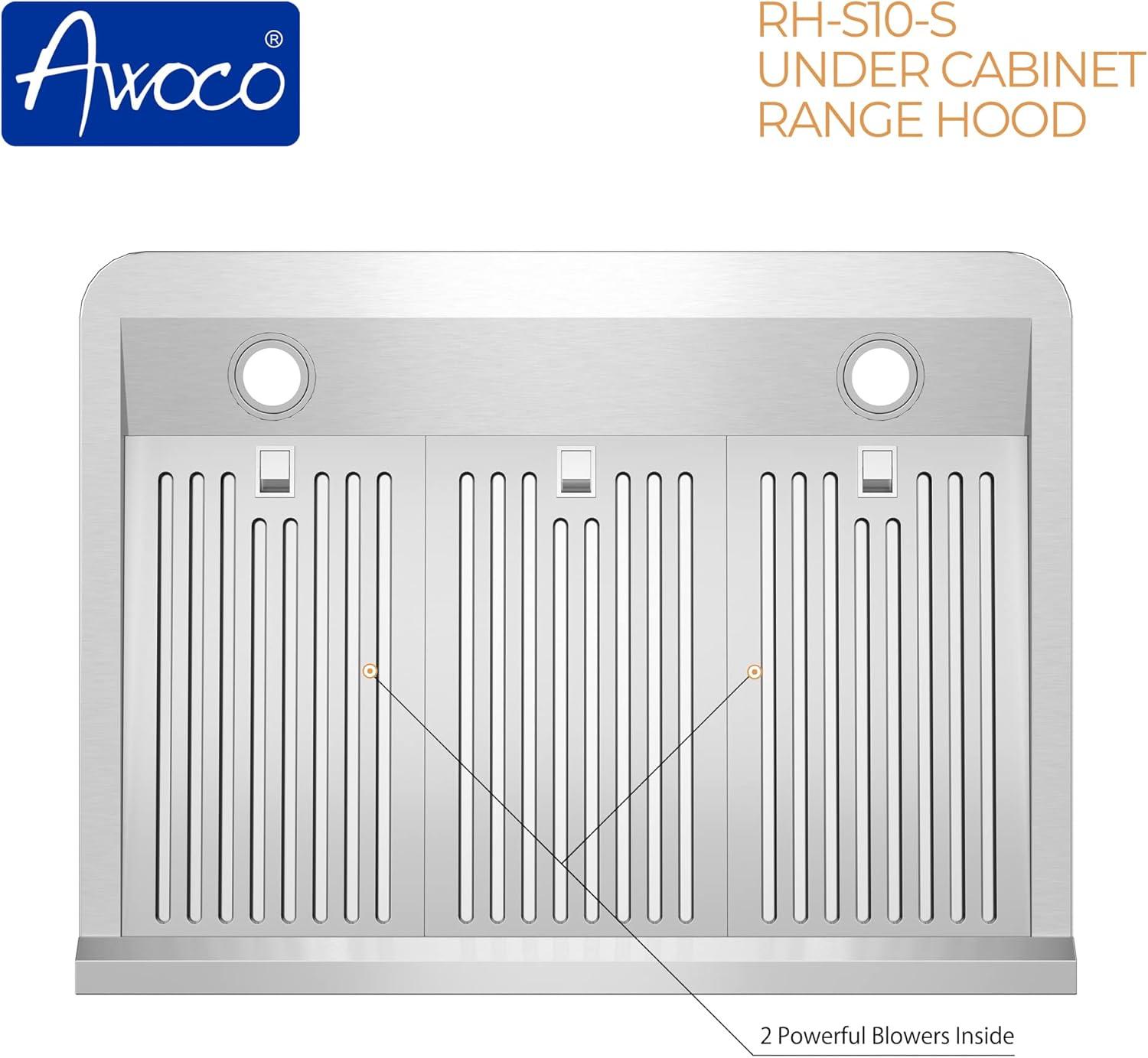 Awoco 30" Stainless Steel 1000 CFM Ducted (Vented) Under Cabinet Range Hood with Baffle Filter