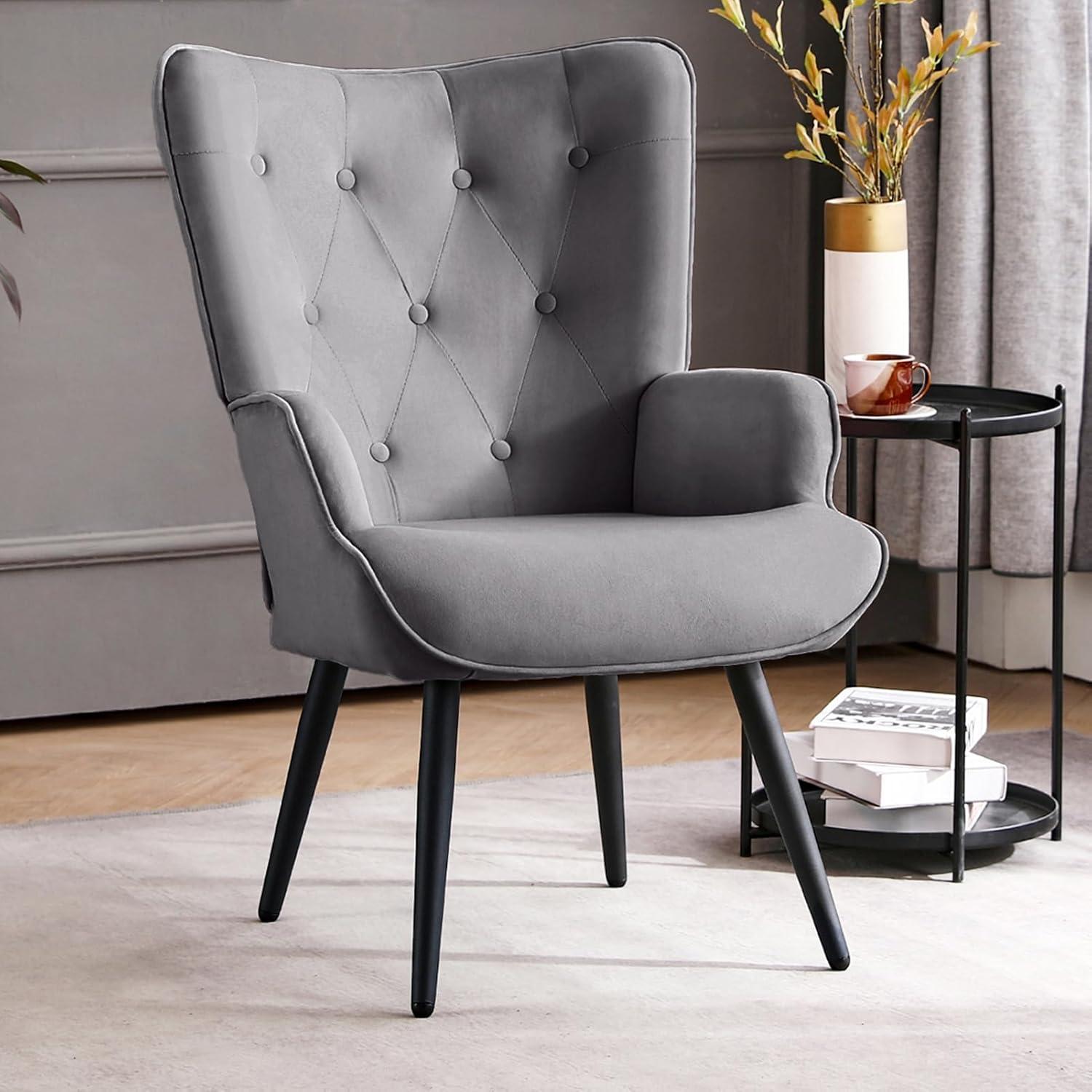 Furniliving Button-Tufted Wingback Chair Velvet Accent Chair,Grey