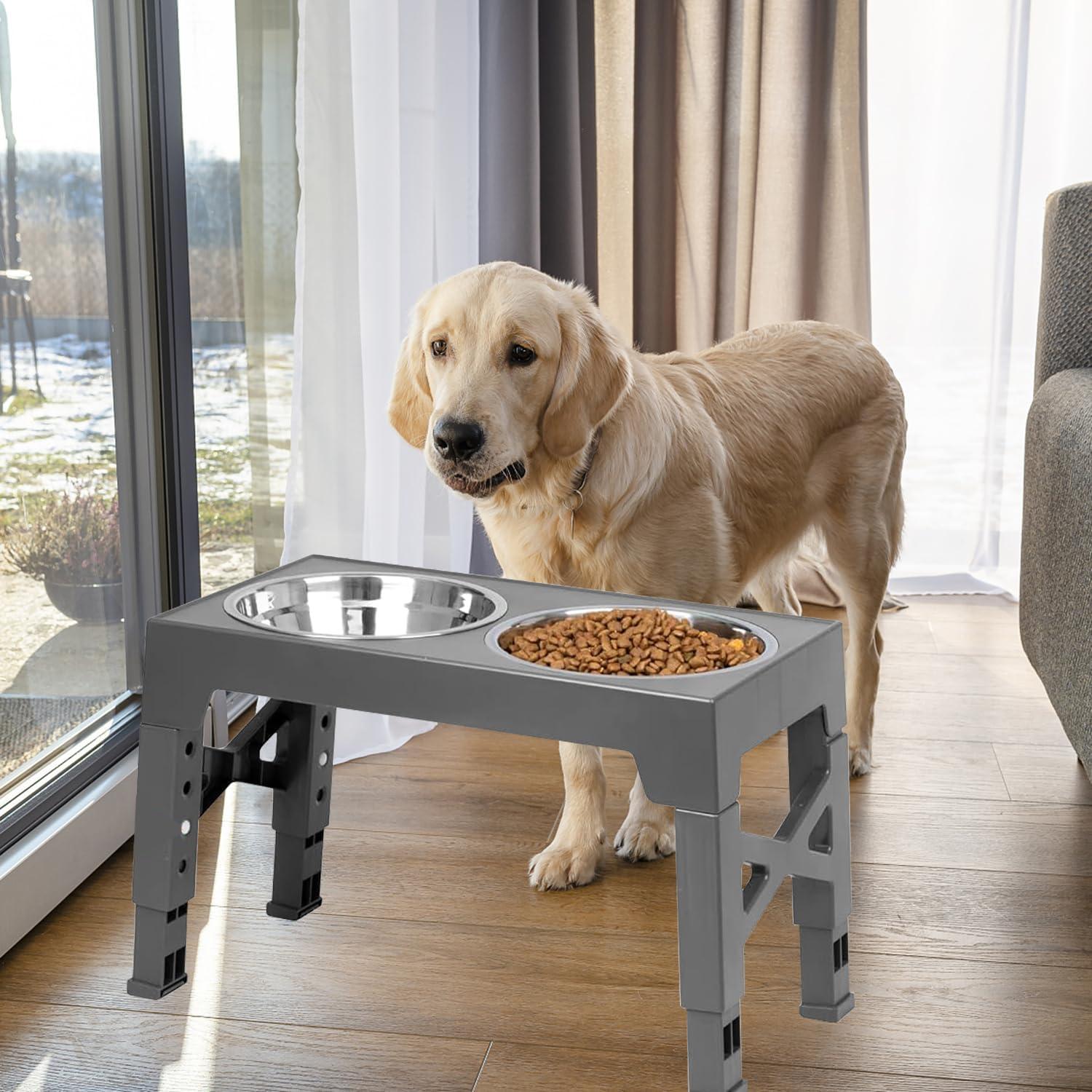 ZALALOVA Elevated Dog Bowls Stand with 2 Stainless Steel Dishes 1 Slow Feeder Dog Bowl, Raised Dog Bowl Adjusts to 5 Heights (3.15",8.9'',10",11.2'',12.4") for Medium and Large Dogs(Gray)