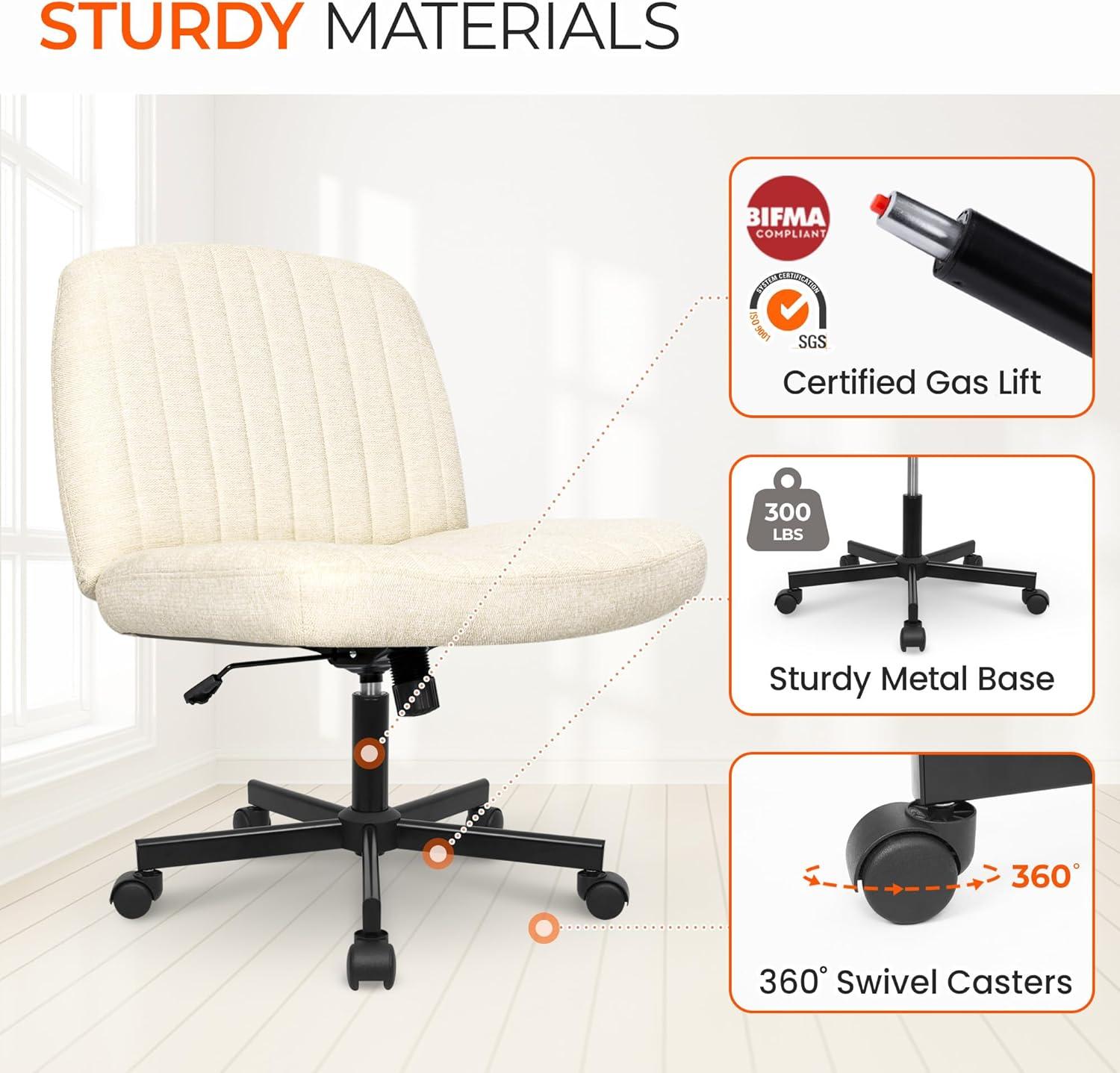 ORANGE FACTORY Criss Cross Legged Home Desk Chair Wide Armless with Wheels Swivel Padded Fabric Chair, Beige
