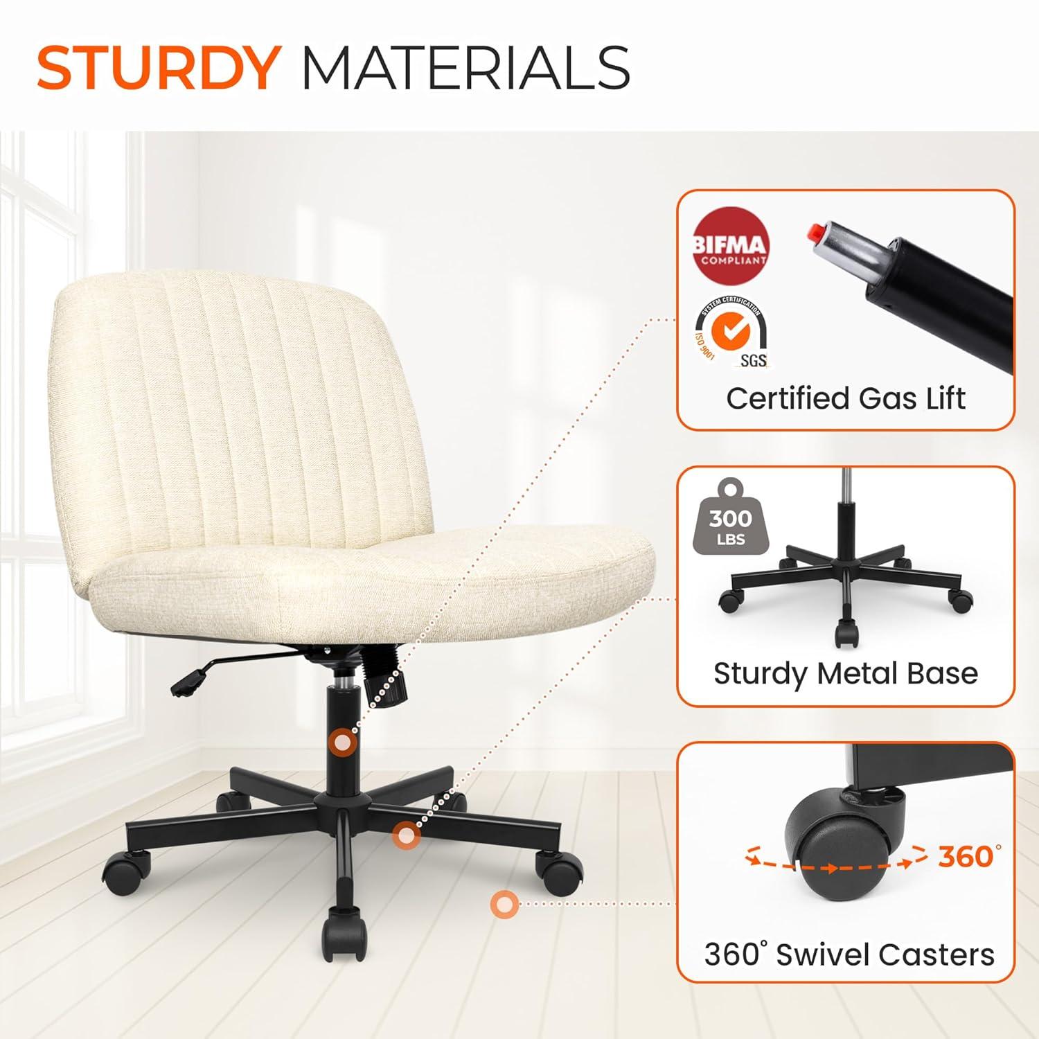 ORANGE FACTORY Criss Cross Legged Home Desk Chair Wide Armless with Wheels Swivel Padded Fabric Chair, Beige