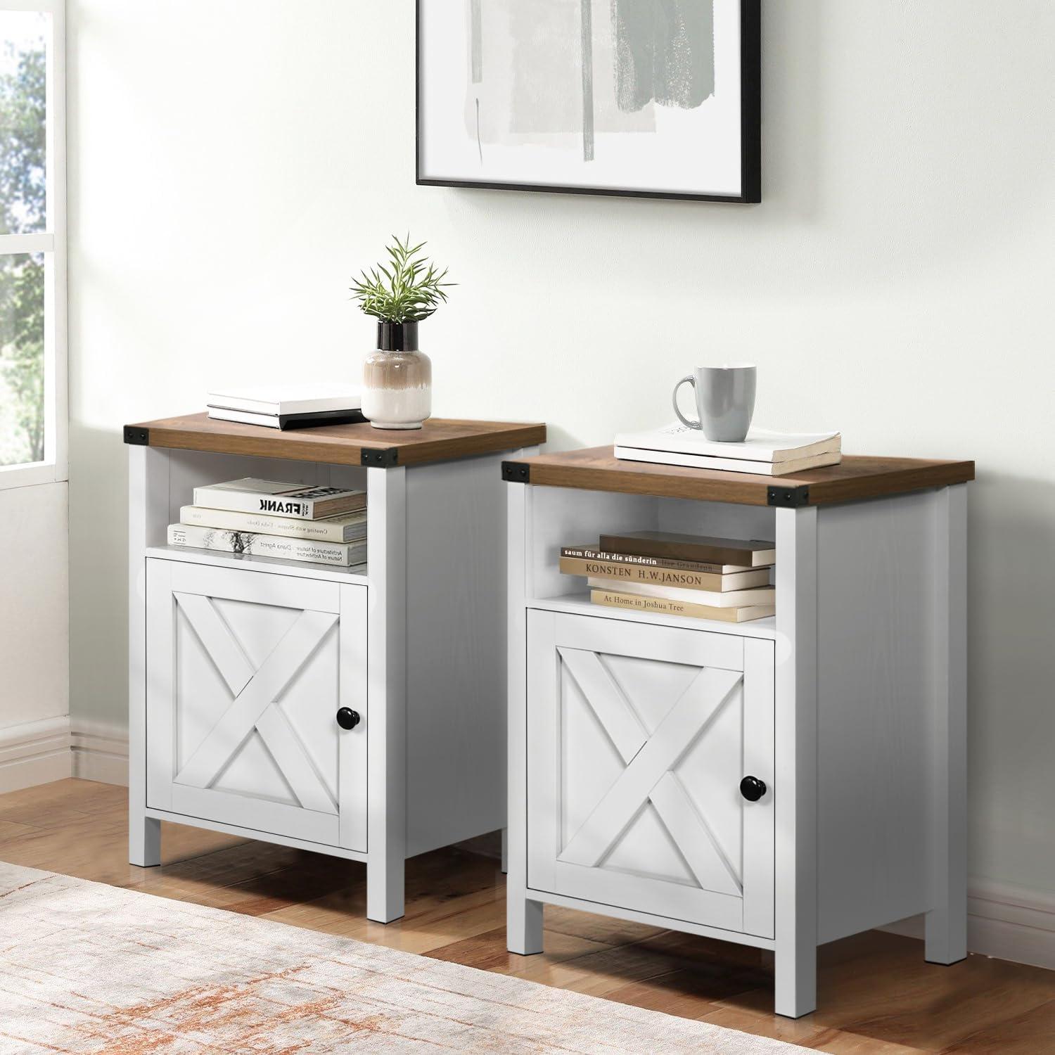 Wood Nightstands with Charging Station End Table Bedside Tables with Barn Door