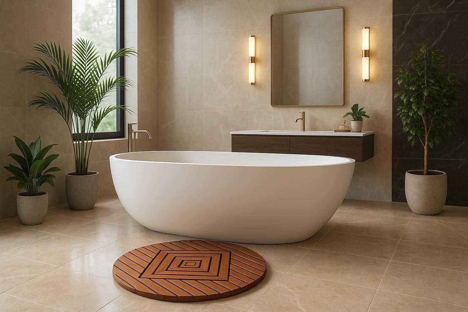 Extra-Large Round Teak Shower Mat with Teak Oil Finish