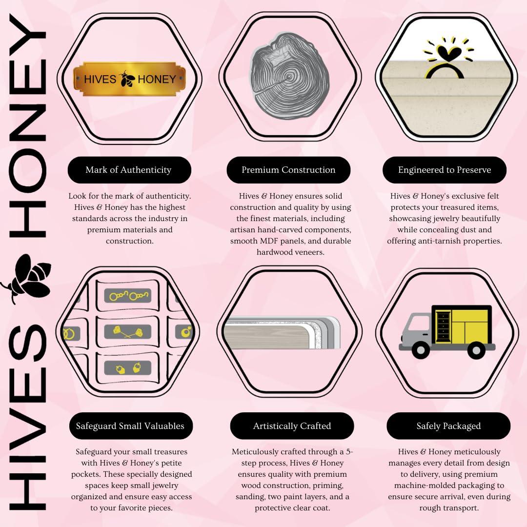 Hives and Honey Bailee Standing Jewelry Armoire - 7 Drawers, Mirror Top, Side Doors - Necklace, Earring, Bracelet Organizer, Ivory