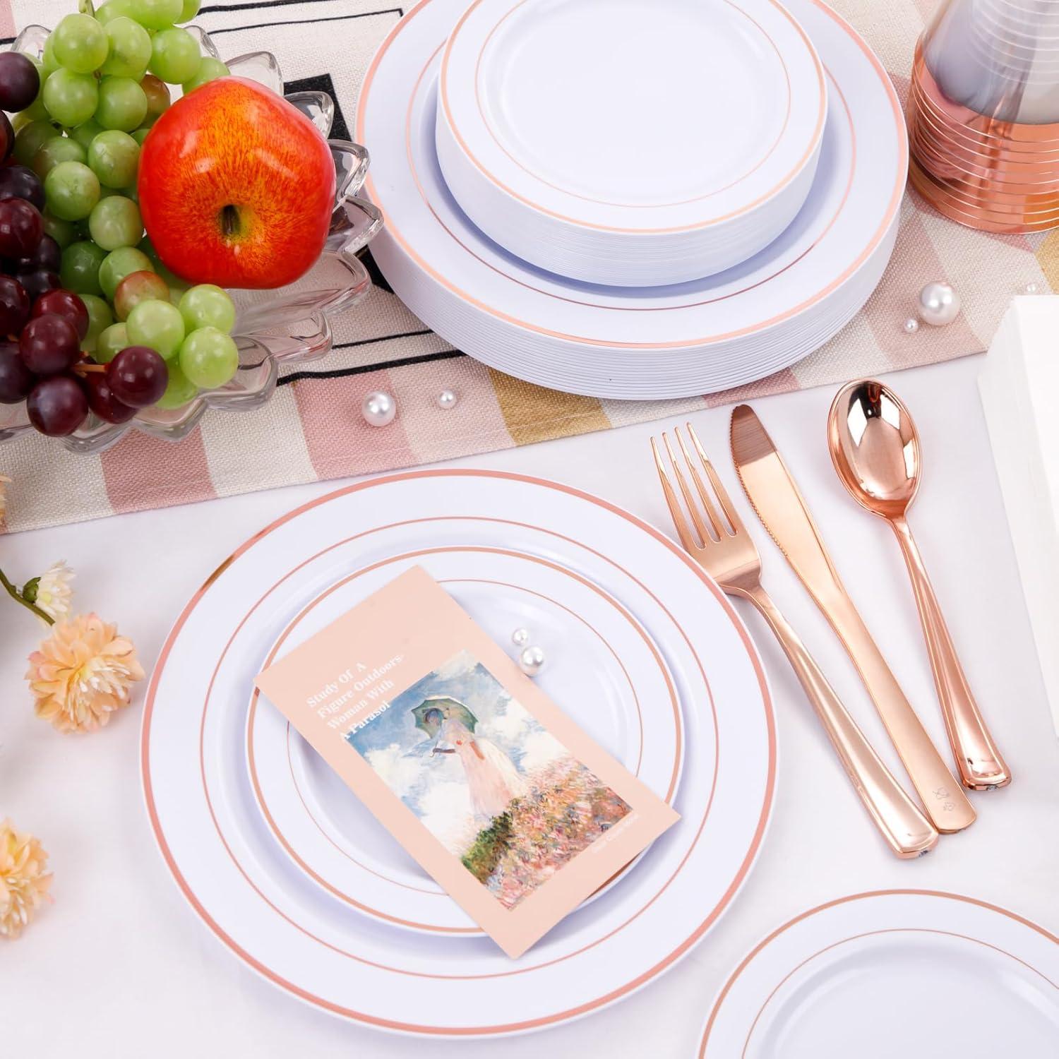 Rose Gold and Clear Plastic Dinnerware Set for 50 Guests