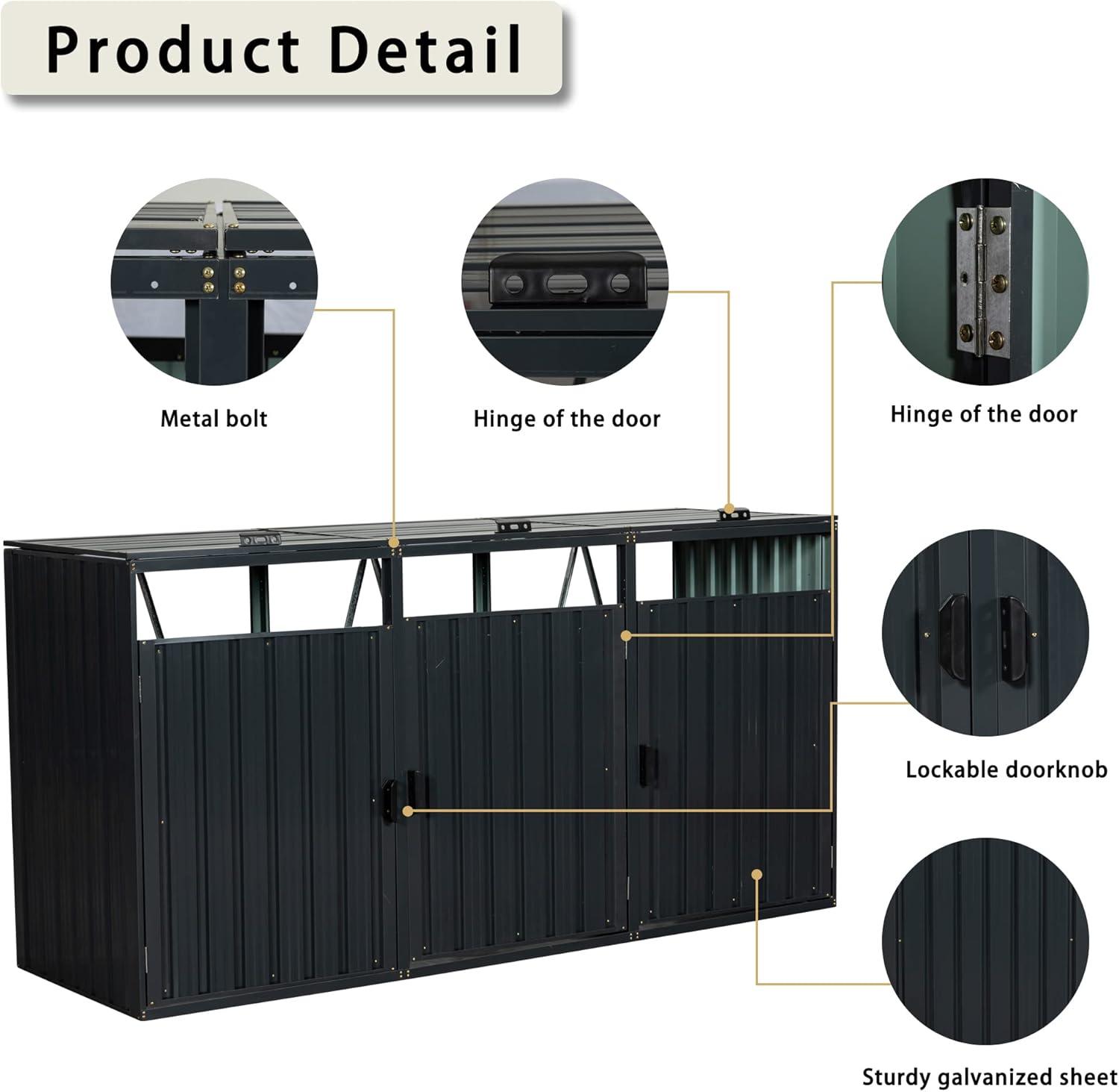 HLILish Garbage Bin Shed Stores 3 Trash Cans Metal Outdoor Bin Shed For Garbage Storage,Stainless Galvanized Steel, Bin Shed For Garden Yard Lawn