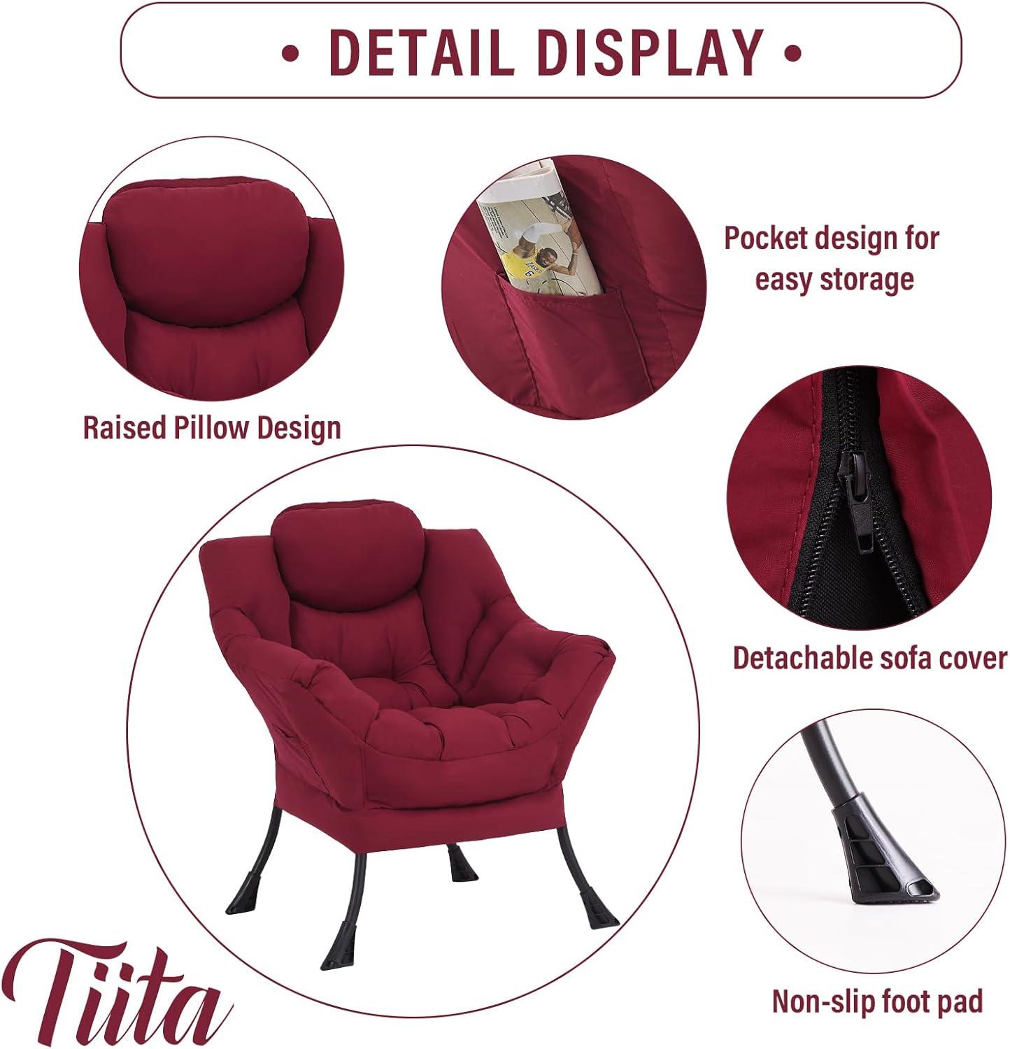 Burgundy Velvet Accent Chair with Ottoman and Metal Frame