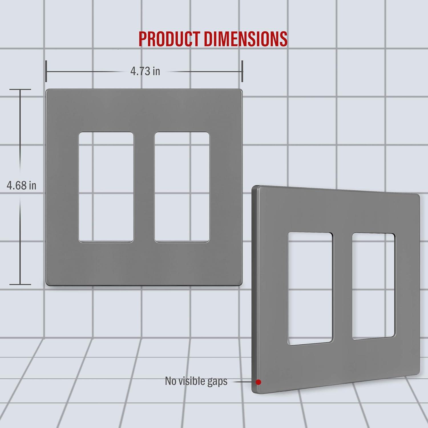 ENERLITES Screwless Decorator Wall Plates Child Safe Outlet Covers, Size 2-Gang 4.68" H x 4.73" L, Unbreakable Polycarbonate Thermoplastic, SI8832-GY, Glossy, Gray