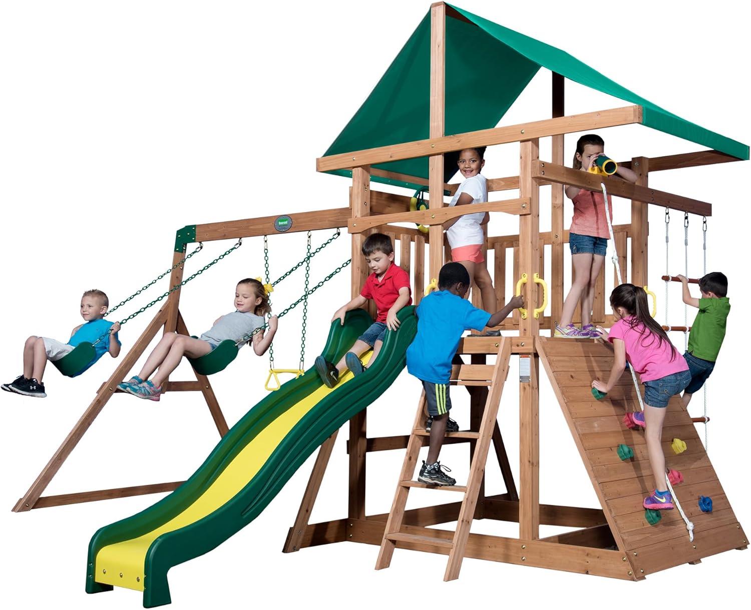 Backyard Discovery Backyard Discovery Mount Mckinley Cedar Wood Swing Set with Wave Slide, Play Deck, Double Rock Wall, and Rope Ladder