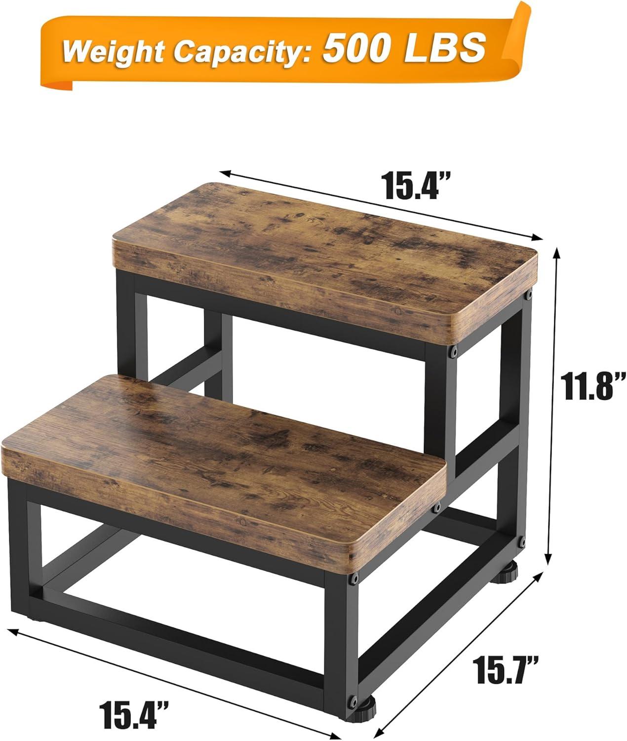 Rustic Brown Wooden and Metal 2-Step Stool