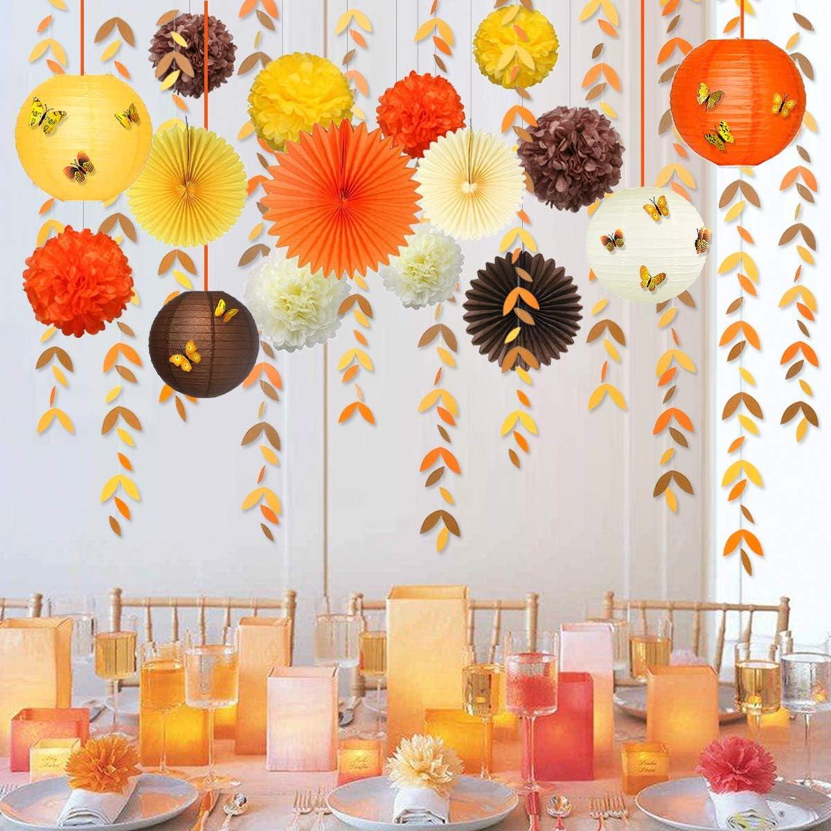 Orange Party Decorations Kit Yellow Orange Brown Paper Hanging Fans Lanterns Flowers Pom Pom with 3D Butterfly Leaves Garland for Wedding Bridal Shower Birthday Fall Autumn Thanksgiving Party Supplies