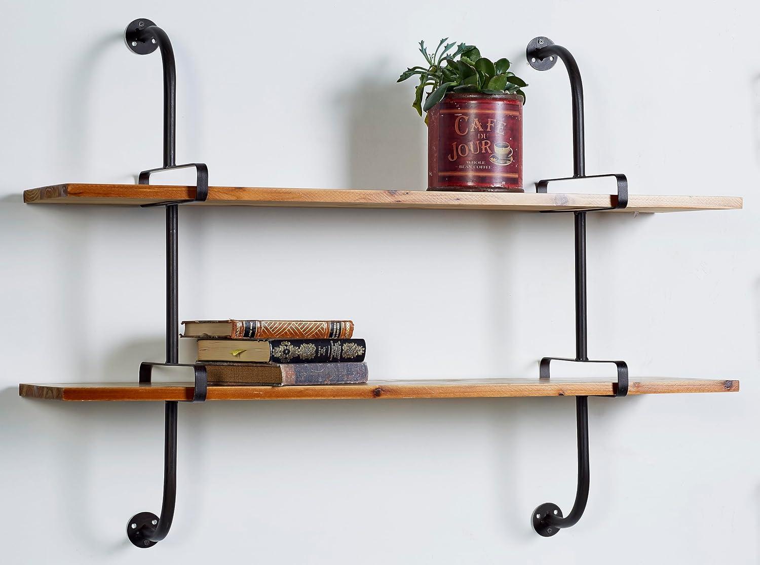 DecMode Brown Industrial 2 Tier Wood Wall Shelf, 37"W x 29"H