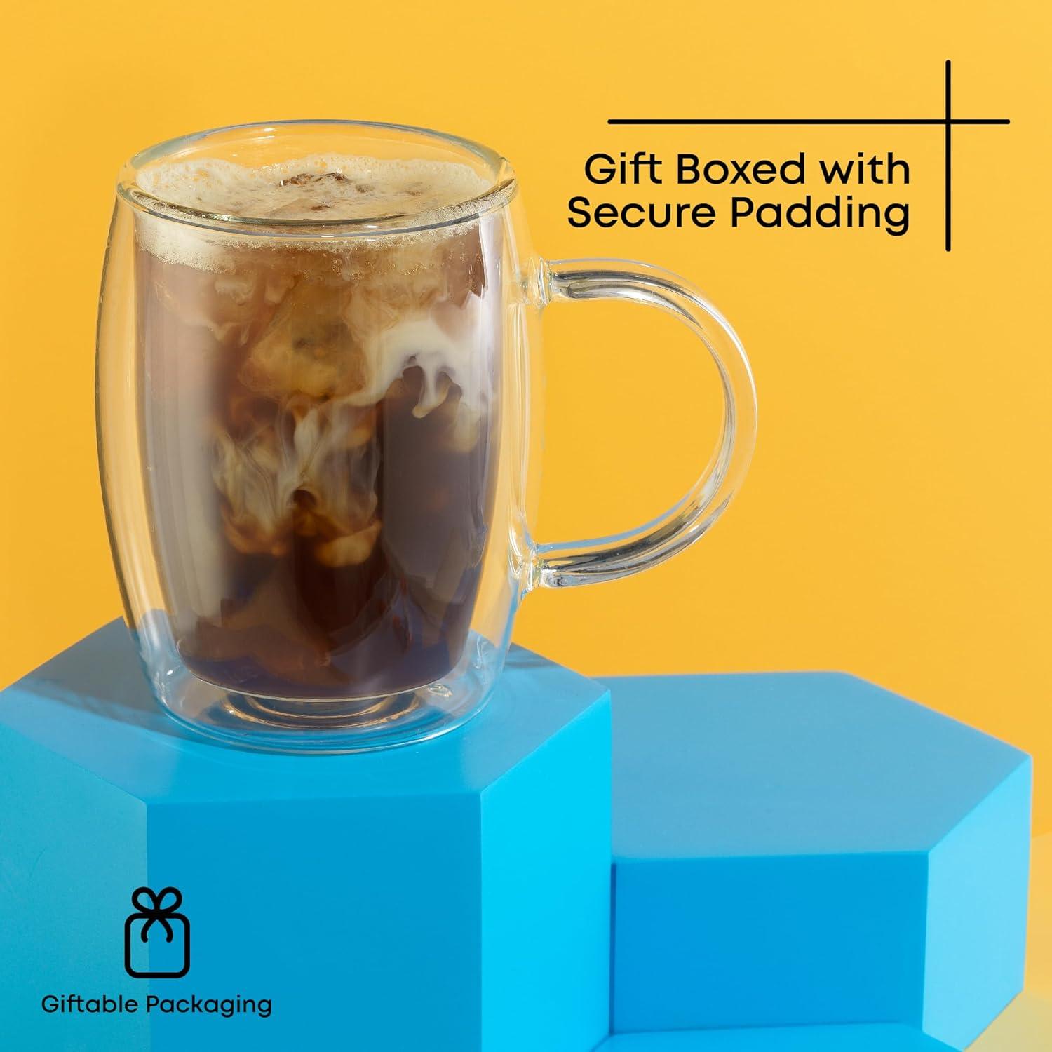JoyJolt Aroma Double Walled Insulated Glasses - Set of 2 Double Wall Coffee Tea Glass Mugs - 13.5 oz
