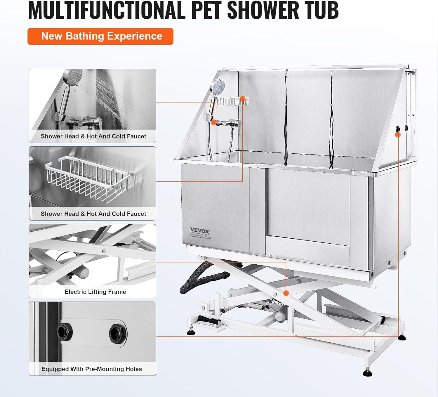VEVOR 50" W Metal Dog Grooming Tub Electric Height Adjustment with Right Door Opening