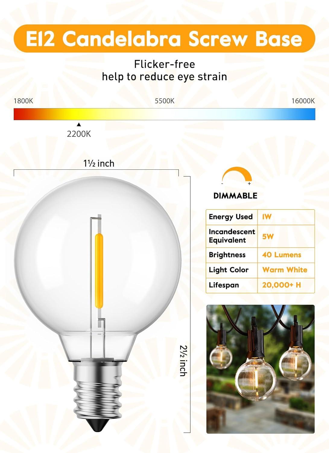 KY G40 Replacement LED Light Bulbs, 25 Pack Clear Globe Bulb fits E12 C7 Candelabra Screw Base Sockets, 1.5 Inch Dimmable Edison Light Bulbs for Indoor Outdoor Patio Decor, Warm White