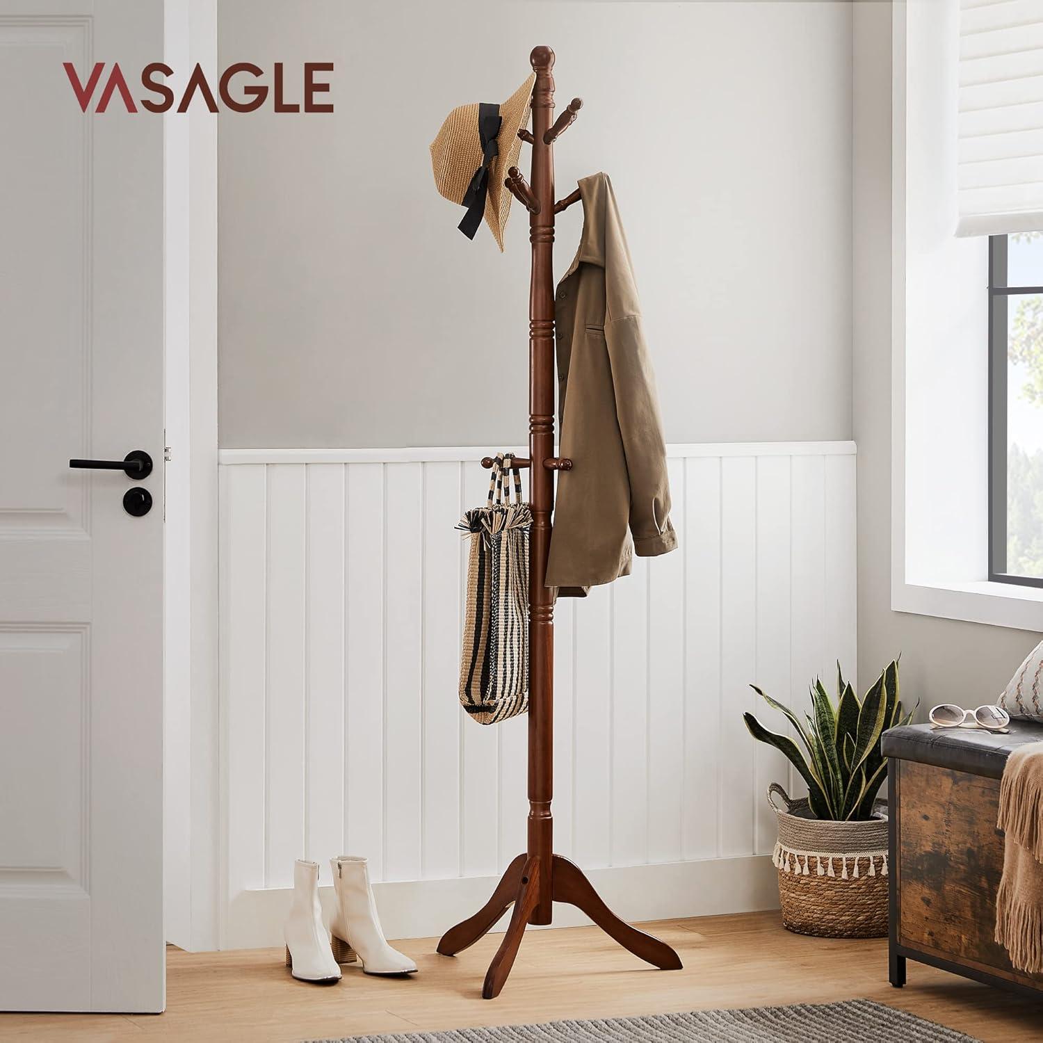 VASAGLE 10 Hooks Coat Rack Solid Wood Coat Stand Free Standing Coat Tree for Coats Hats Bags Purses for Entryway Bedroom Rubber wood Dark Walnut