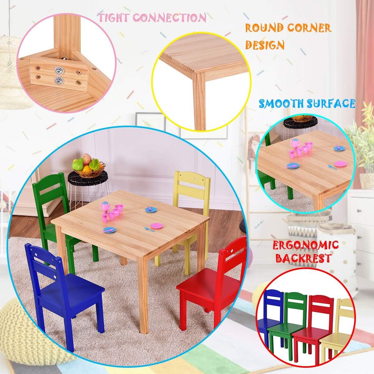 Kids Table and Chair Set, 5 Piece Wood Activity Table & Chairs for Children Arts Crafts, Homework, Snack Time, Preschool Furniture, Gift for Boys Girls, Toddler Table and Chair Set, Multicolor