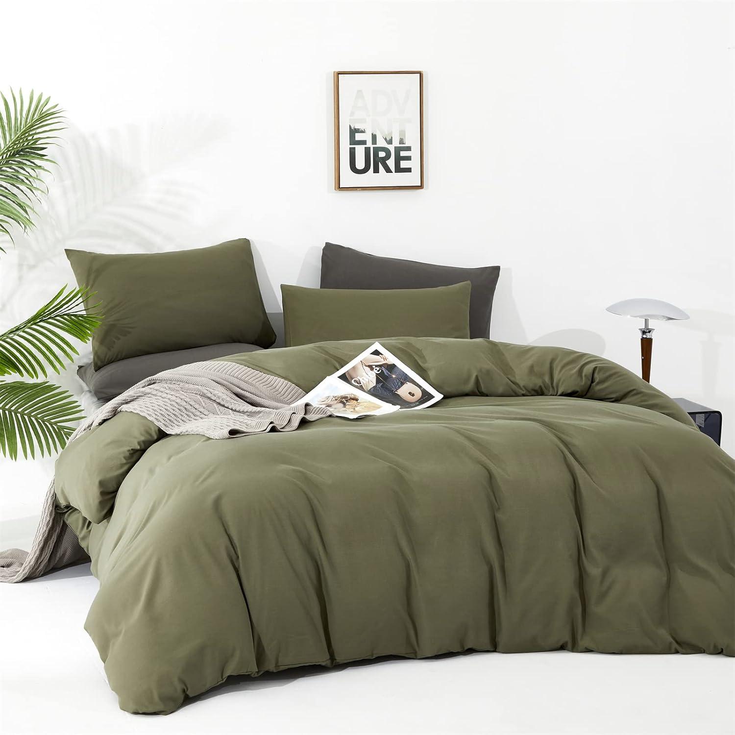 3 Piece 100% Washed Cotton Army Green Duvet Cover Set Luxury Soft and Breatheable Bedding Set with Zipper Closure,Queen Size