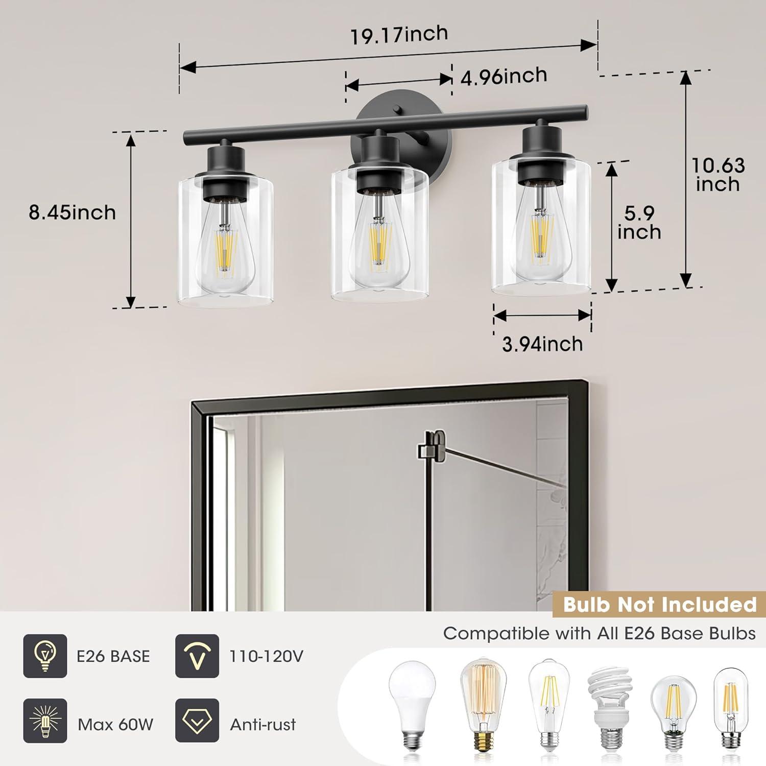 3-Light Bathroom Light Fixtures Bathroom Vanity Lights with Clear Glass Shades Matte Black Bathroom Light Fixtures over mirror for Mirror Living Room Cabinet Bedroom Porch