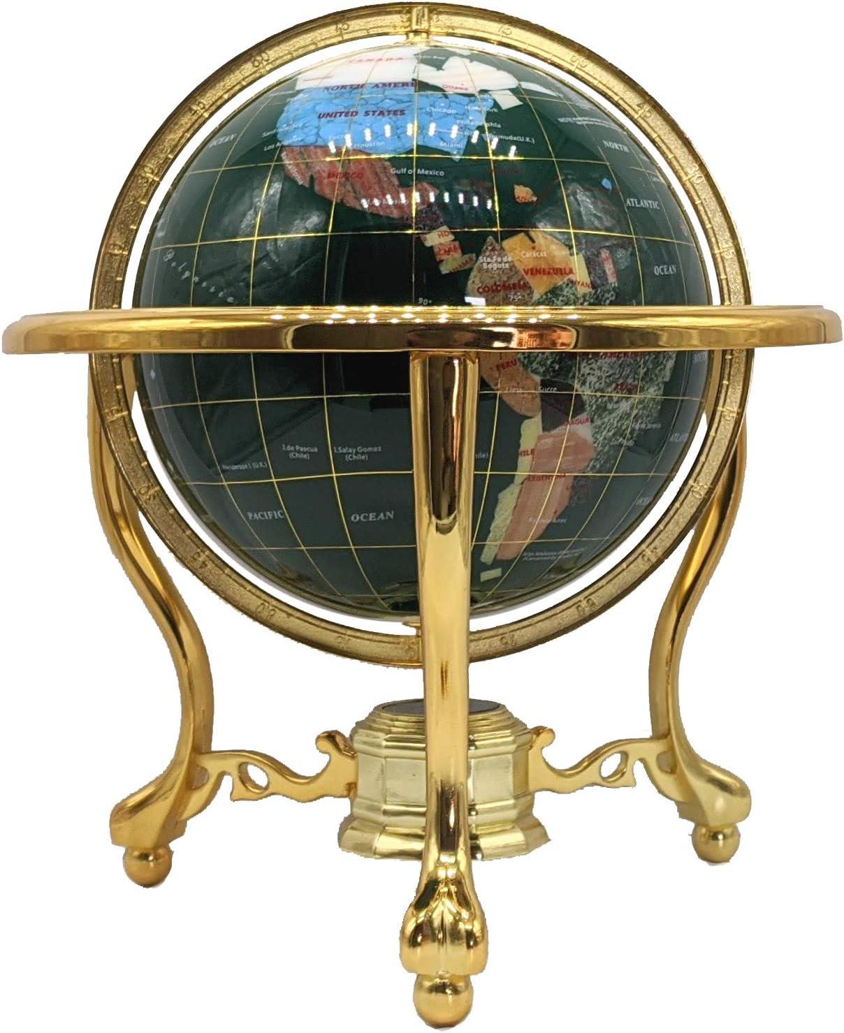 Unique Art 13-Inches Tall Table Top Malachite Ocean Gemstone World Globe with Tripod Gold Leg Stand