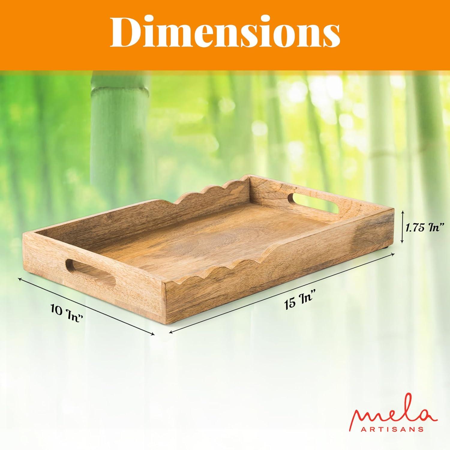 Mela Artisans Serving Tray with Elegant Scalloped Edges, Natural | 15" x 10" x 1.75" | Handcrafted Mango Wood Tray, Perfect for Breakfast, Tea/Coffee Serving, Home Décor, or Organizing