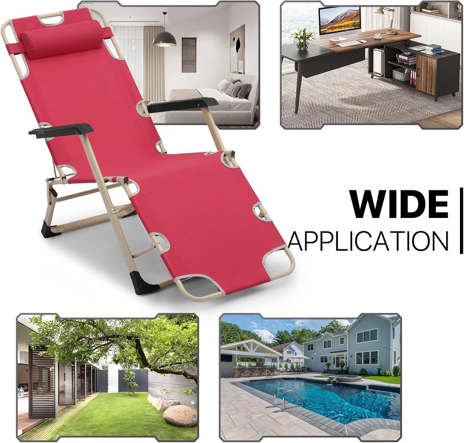 MoNiBloom Lounge Chair with Adjustable Headrest, Outdoor Foldable Recliner, Folding Reclining Lounger for Adults, Support 330lbs, Maroon