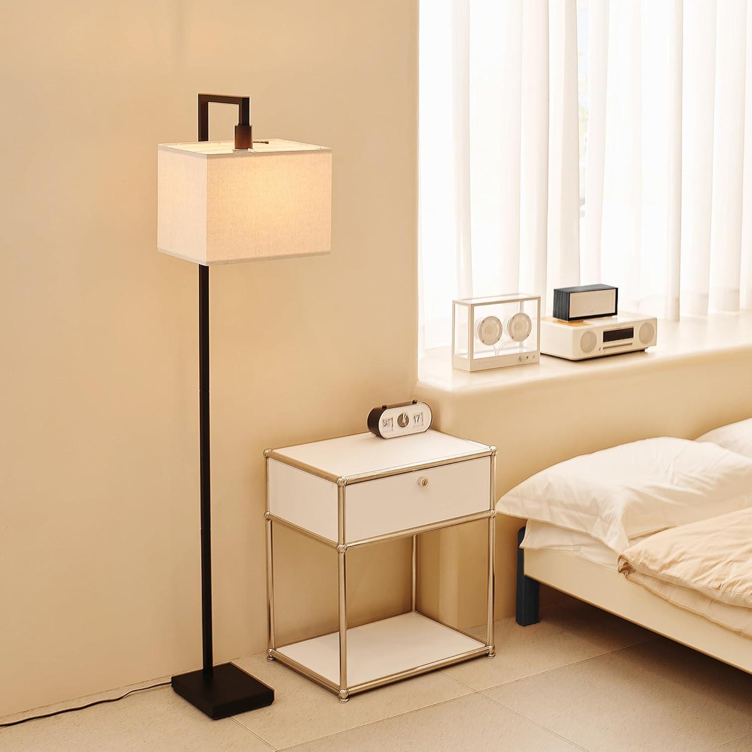 Matte Black Adjustable Floor Lamp with Beige Linen Shade