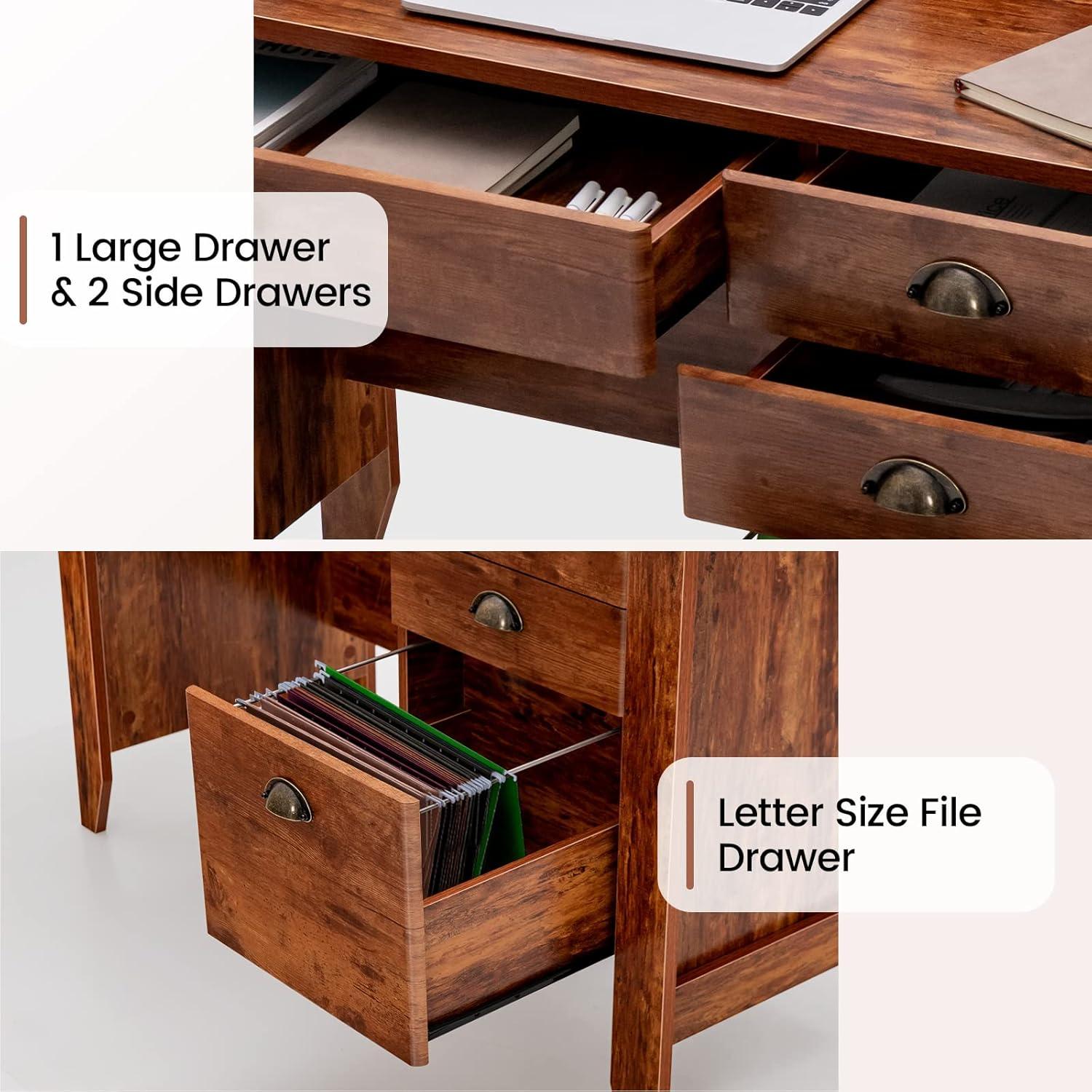 GVN Vintage Computer Desk with Storage Shelves and 4 Drawers-Rustic Brown, Desk for Bedroom, Gaming Computer Desks for Study,Working,Writing