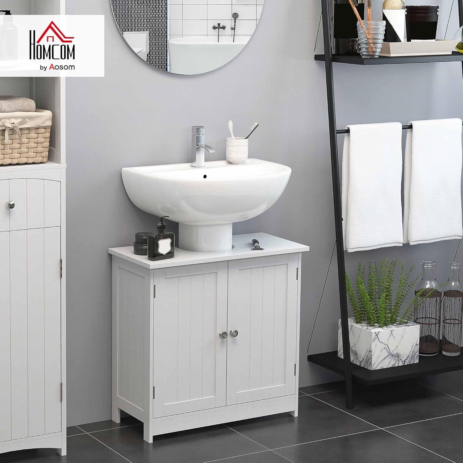 HOMCOM Under Sink Bathroom Cabinet, Pedestal Sink Storage Cabinet with 2 Doors, Shelf and U-Shape, White