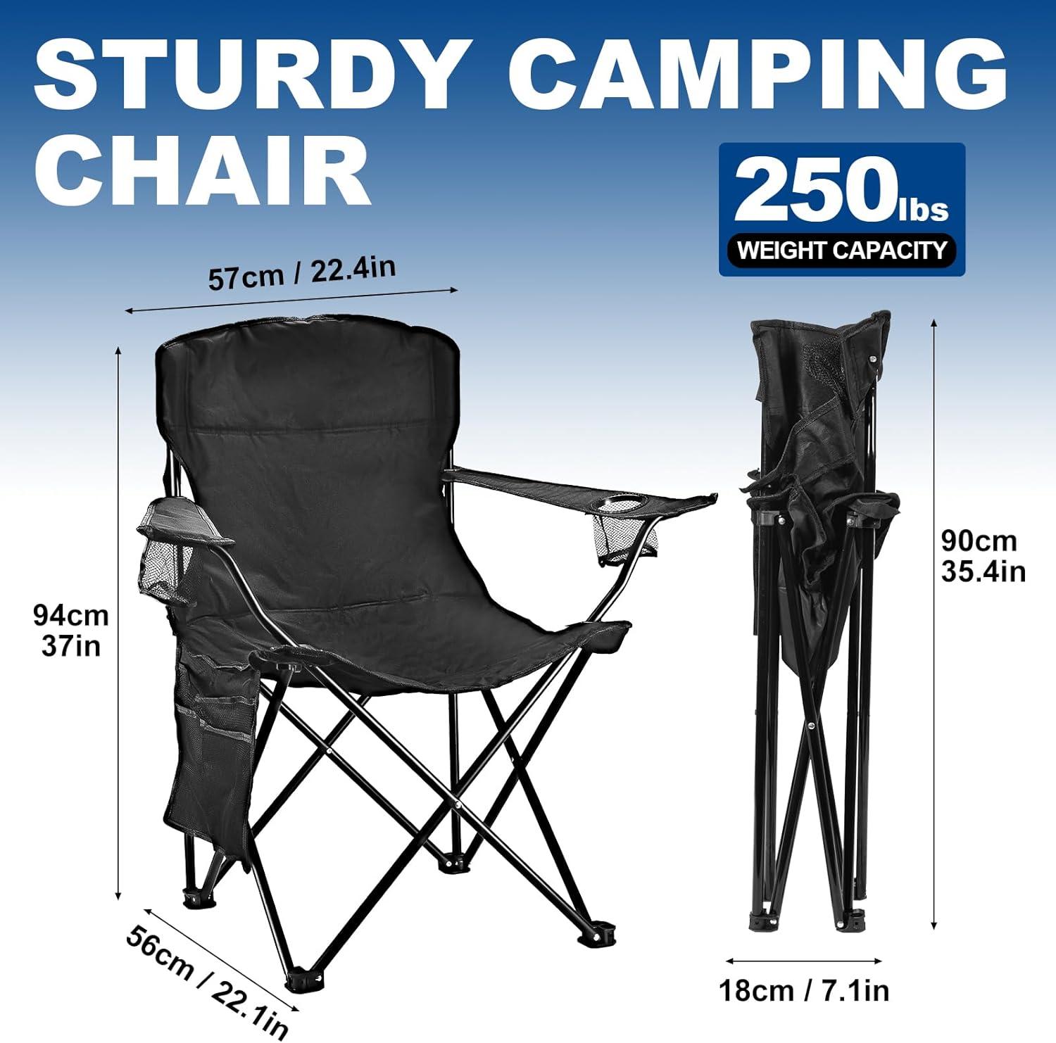 Black Foldable Camping Chair with Armrests and Cup Holders