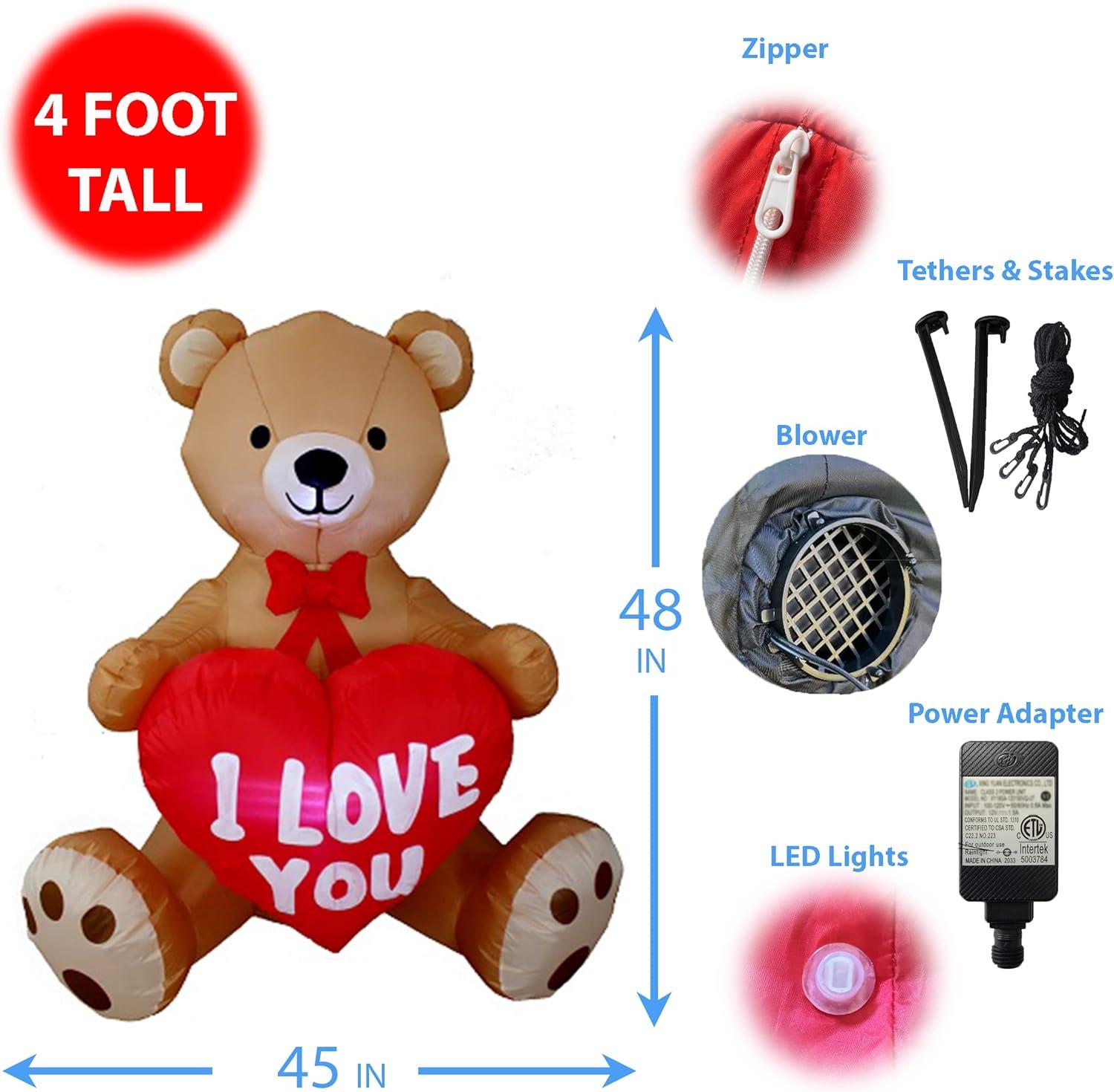 BZB Goods 4 Foot Tall Lighted Happy Valentine's Day Inflatable Sweet Teddy Bear with I Love You Heart Indoor / Outdoor Blow Up Yard Decoration