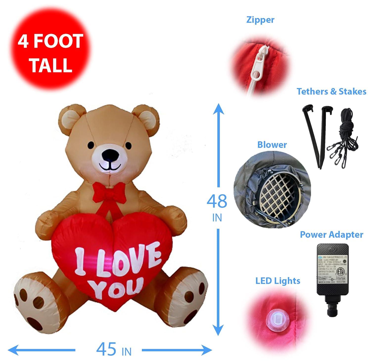 BZB Goods 4 Foot Tall Lighted Happy Valentine's Day Inflatable Sweet Teddy Bear with I Love You Heart Indoor / Outdoor Blow Up Yard Decoration