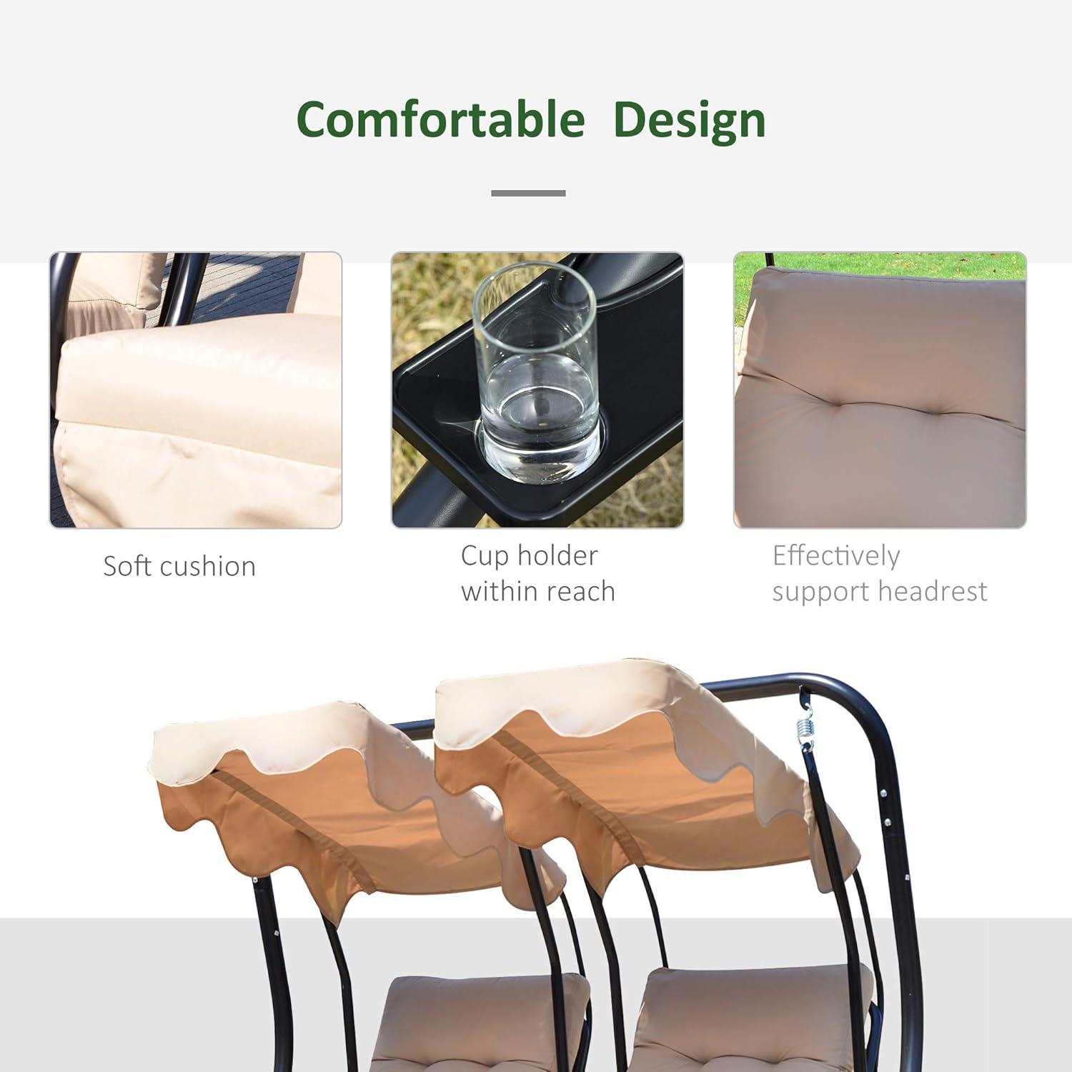 Outsunny Modern 2-Seater Outdoor Patio Swing Chair, Porch Seats with Cup Holder and Removeable Canopy, Beige