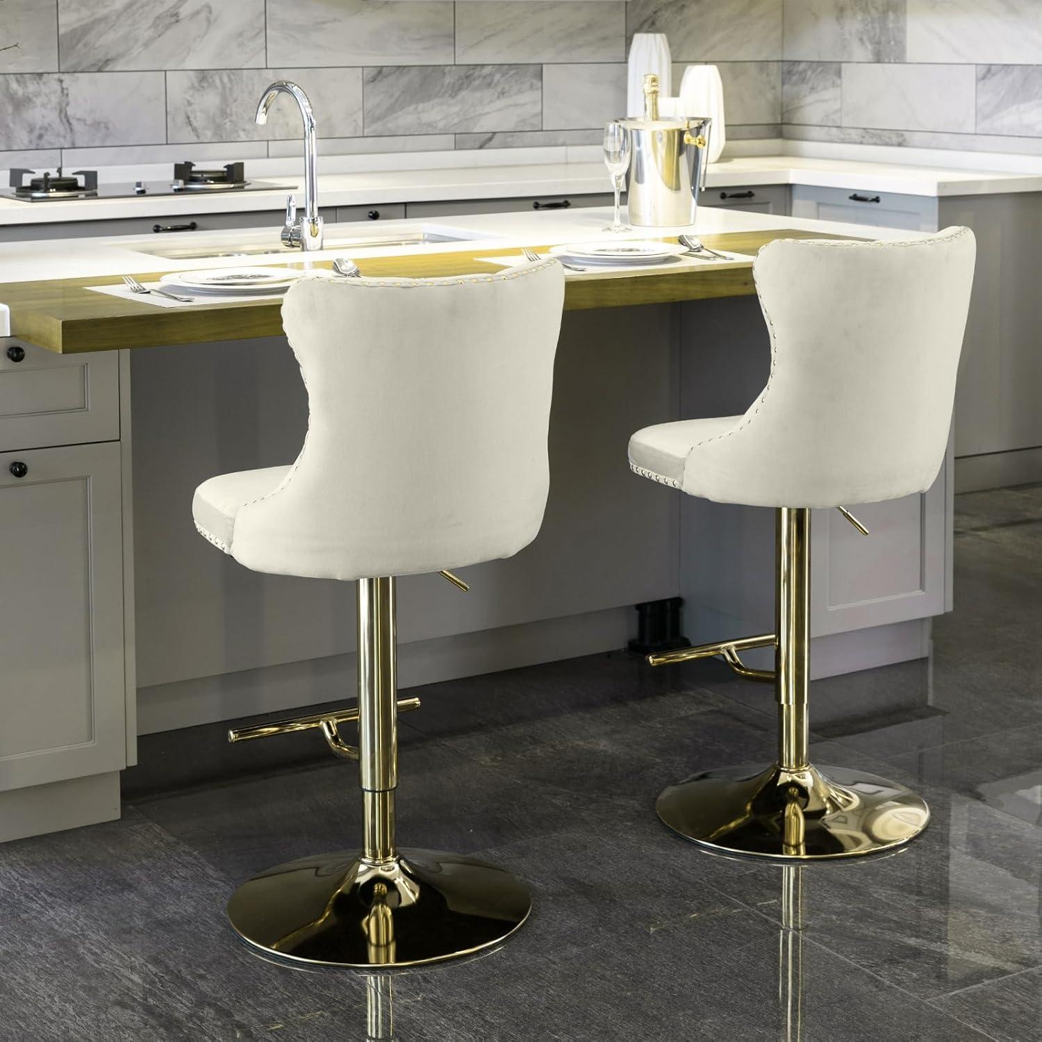 Swivel Counter Height Bar Stools Set of 2, Cream Kitchen Island Barstools, Velvet Adjustable Bar Height Stool Chairs, Tufted Back, Gold Metal Base, Sillas para Barra de Cocina (Beige, Velvet, 2 Pcs)