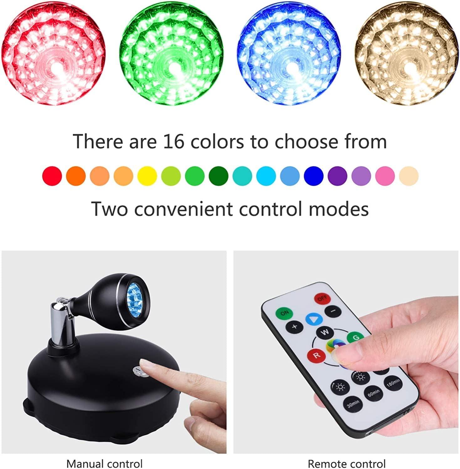 LED Spot Light Indoor, Battery Operated Led Light Stick Up Lights with Remote, Mini Spotlight Dimmable Accent Lights for Lighting up Paintings Pictures(RGB 2 Pack)