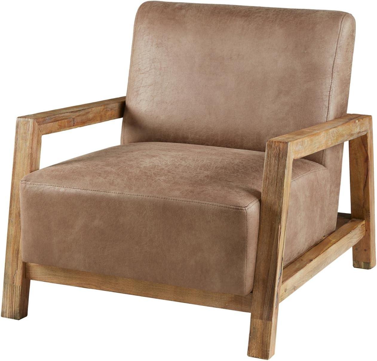 Easton Accent Chair Taupe/Natural: Solid Wood Arms, Reclaimed Finish, Polyurethane Leather