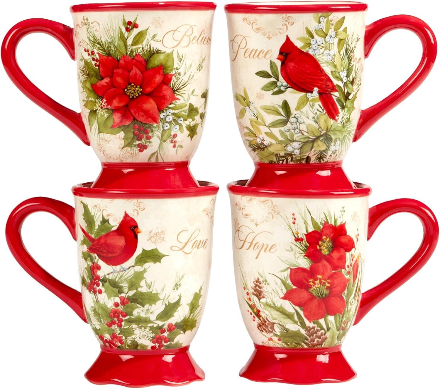 Set of 4 Red Ceramic Christmas Mugs with Winter Design