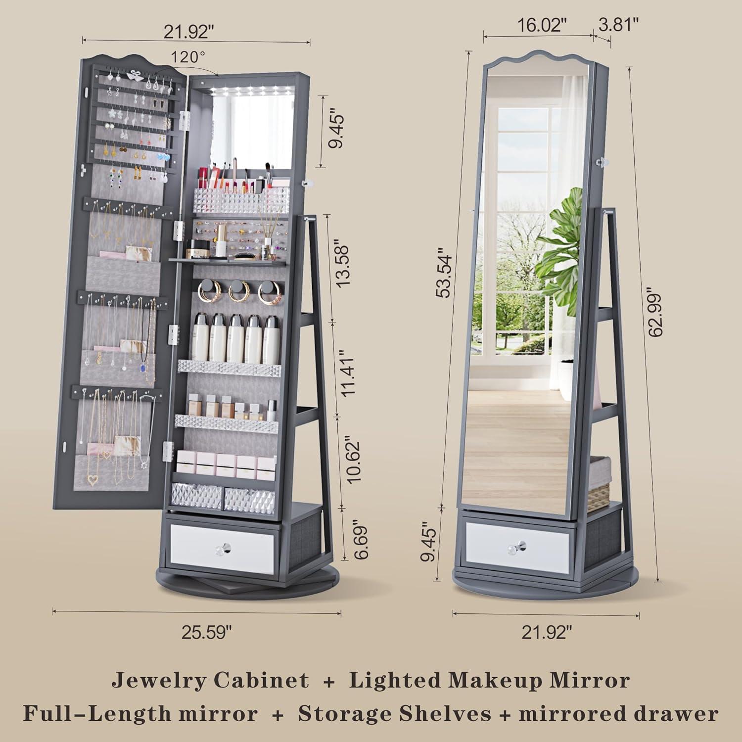 HWB 360° Rotating Jewelry Armoire with 53'' Full Length Mirror, Standing Lockable Jewelry Cabinet Organizer with Lights, Built in Makeup Mirror, Large Storage Capacity with Drawer&Shelves Grey