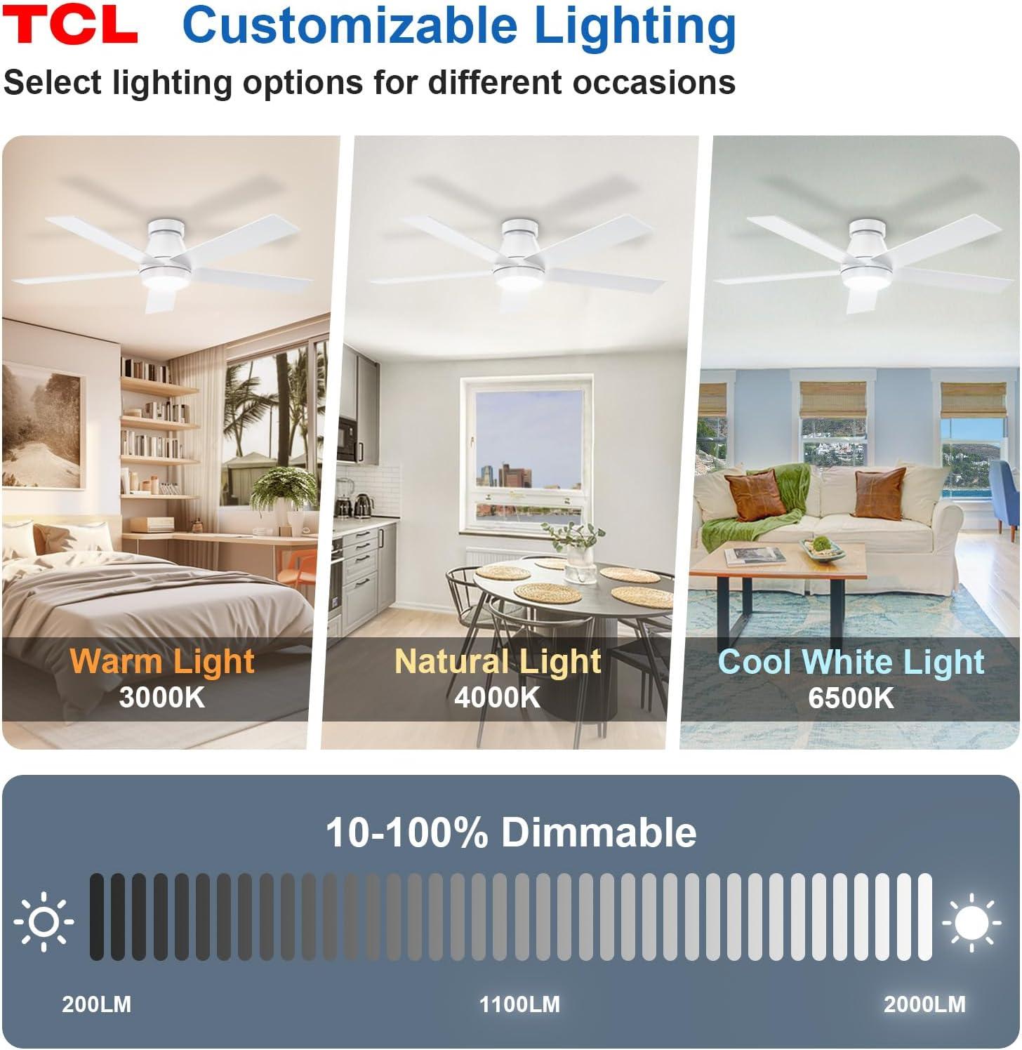 TCL 52" Modern Ceiling Fan with Lights, 5 Blades, 6 Speeds DC Reversible, Dimmable, White Flush Mount for Bedroom, Living Room and Garage