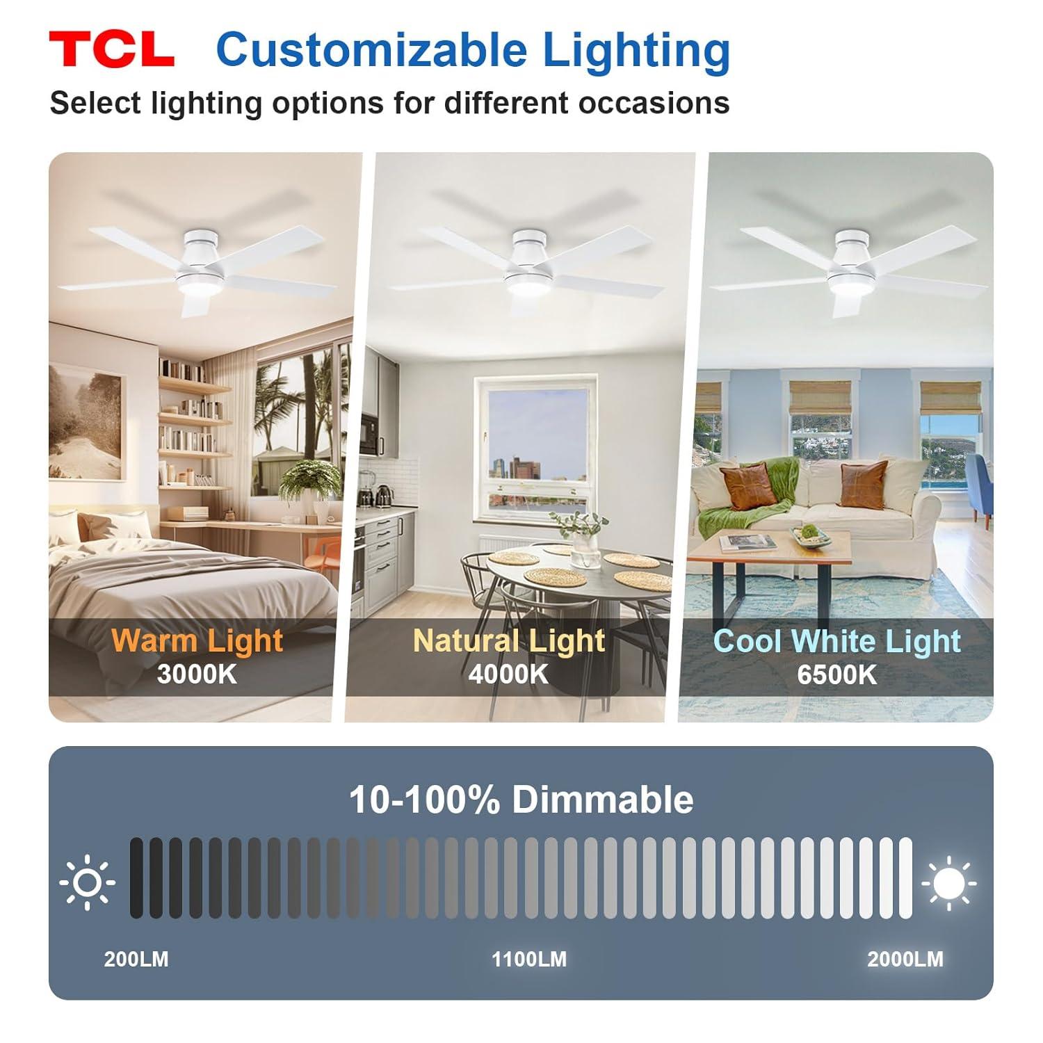 TCL 52" Modern Ceiling Fan with Lights, 5 Blades, 6 Speeds DC Reversible, Dimmable, White Flush Mount for Bedroom, Living Room and Garage