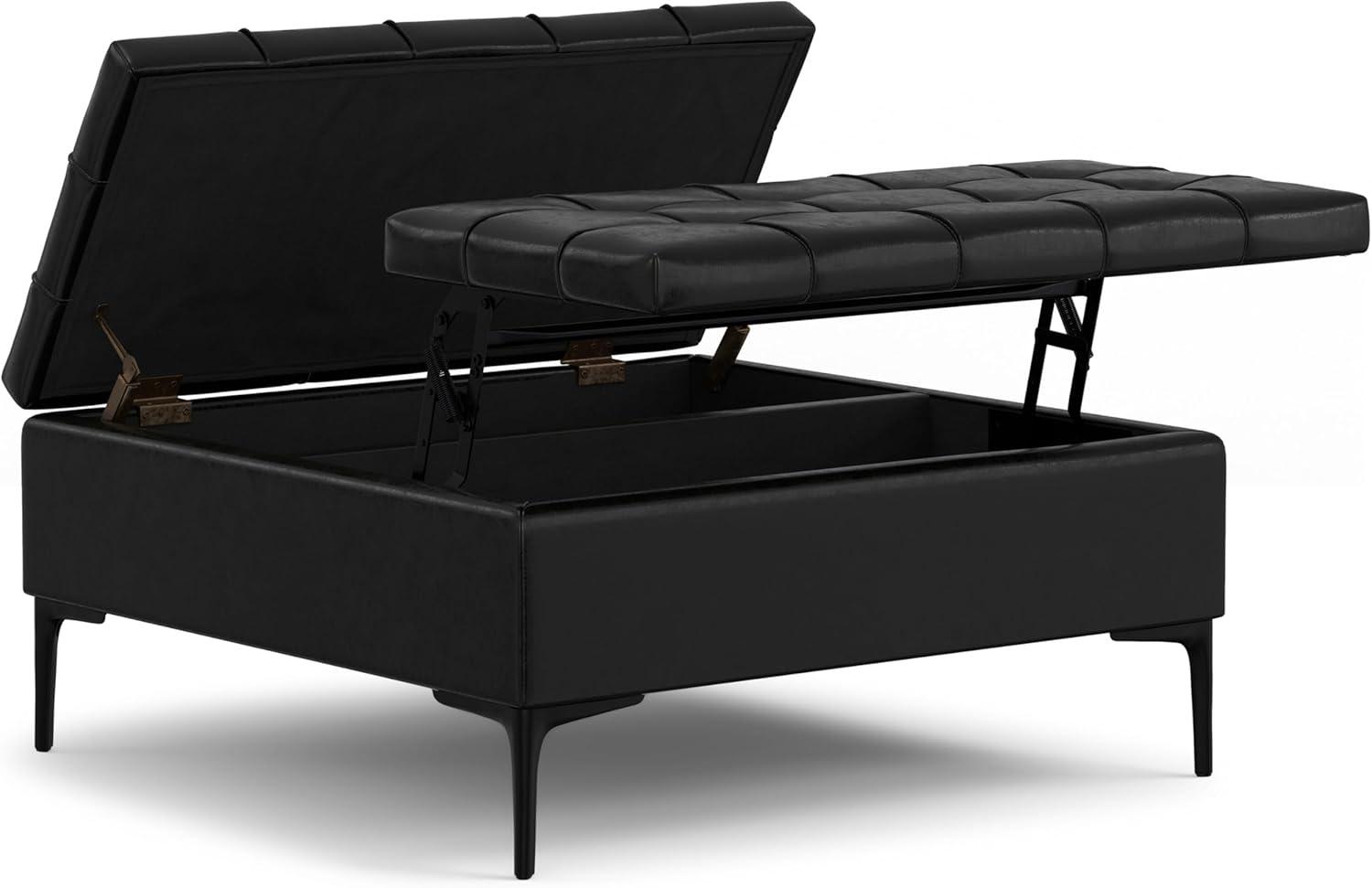 Simpli Home Laura 36"W Upholstered Square Storage Ottoman with Split Lift Top and 2 Storage Compartments