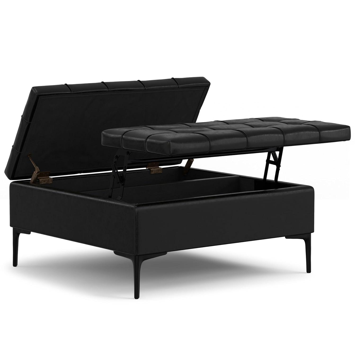 Simpli Home Laura 36"W Upholstered Square Storage Ottoman with Split Lift Top and 2 Storage Compartments